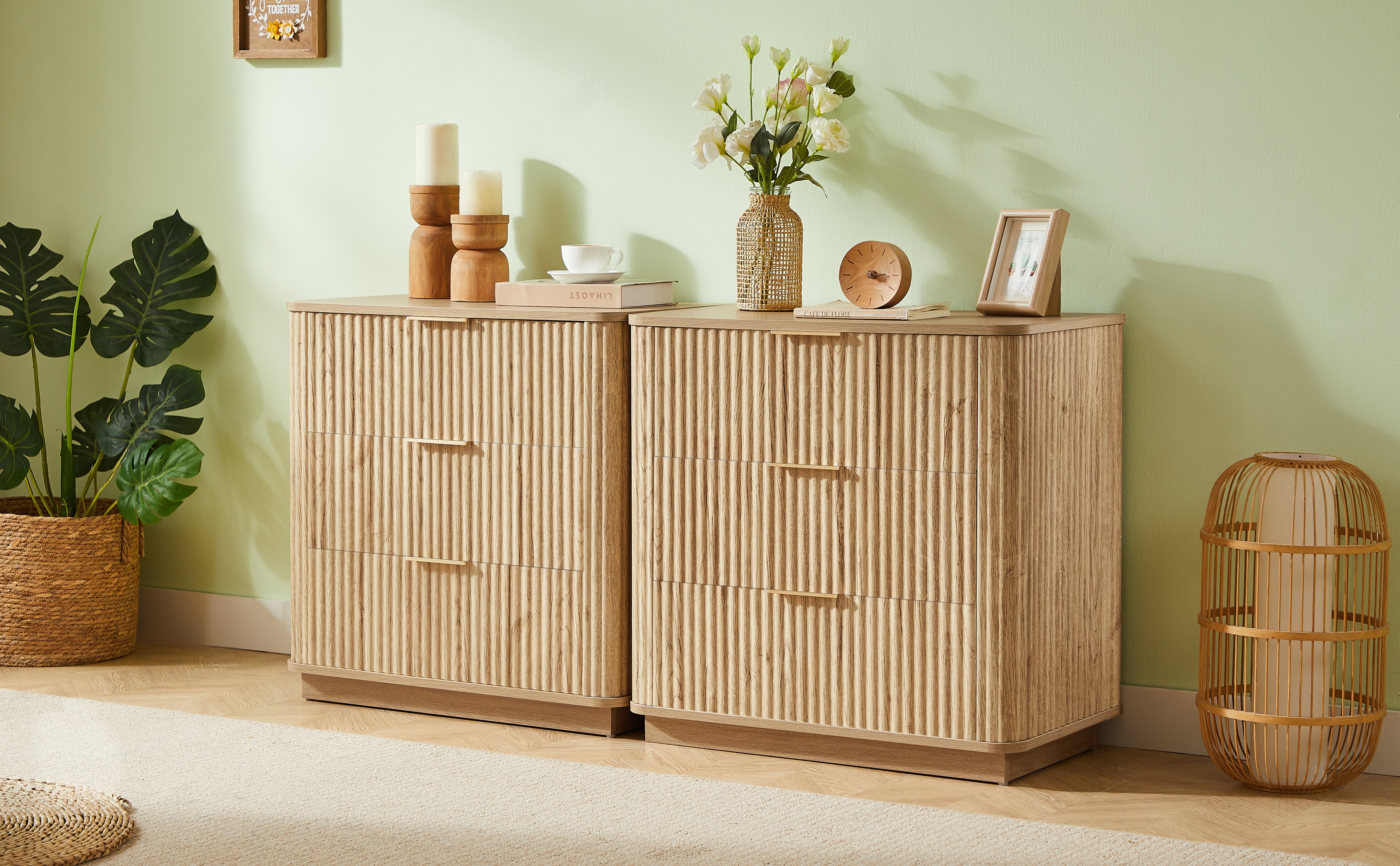 Oak wave design chest of drawers in bedroom setting lifestyle view