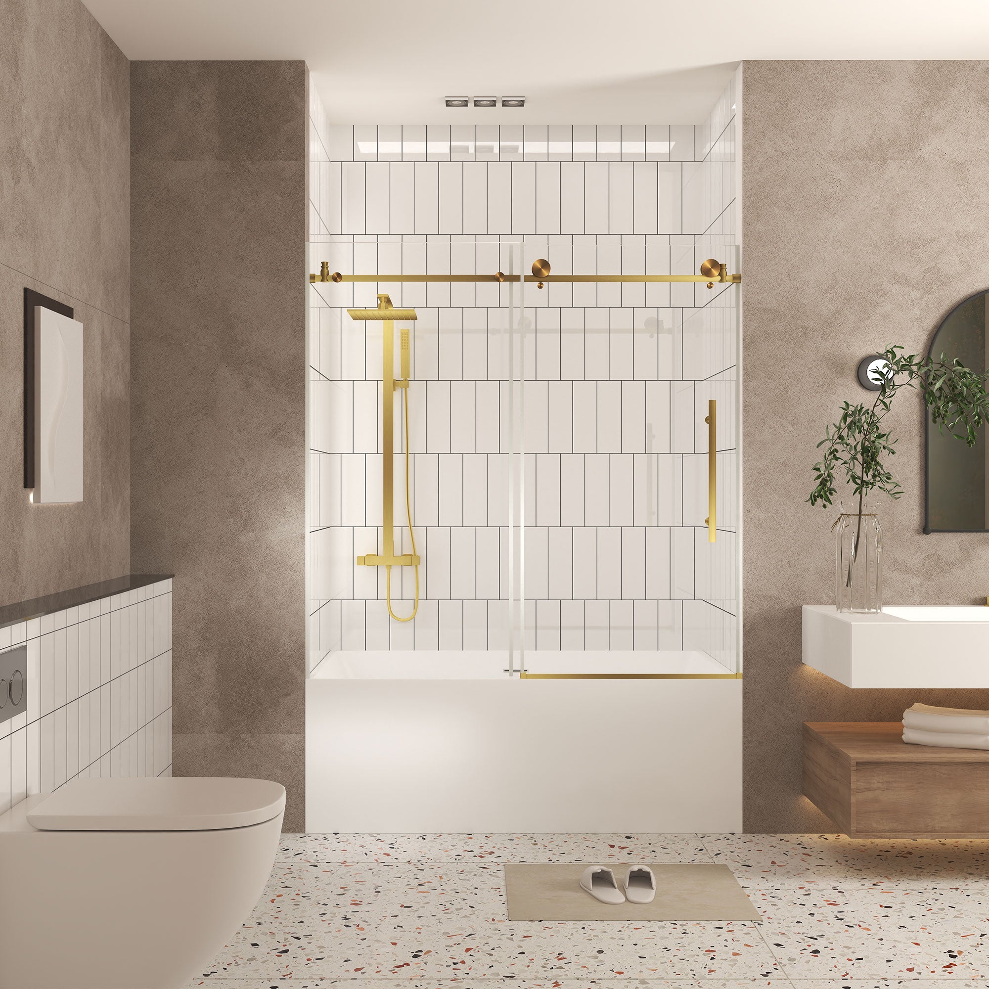 Frameless shower door 56-60 inch brushed gold angled view