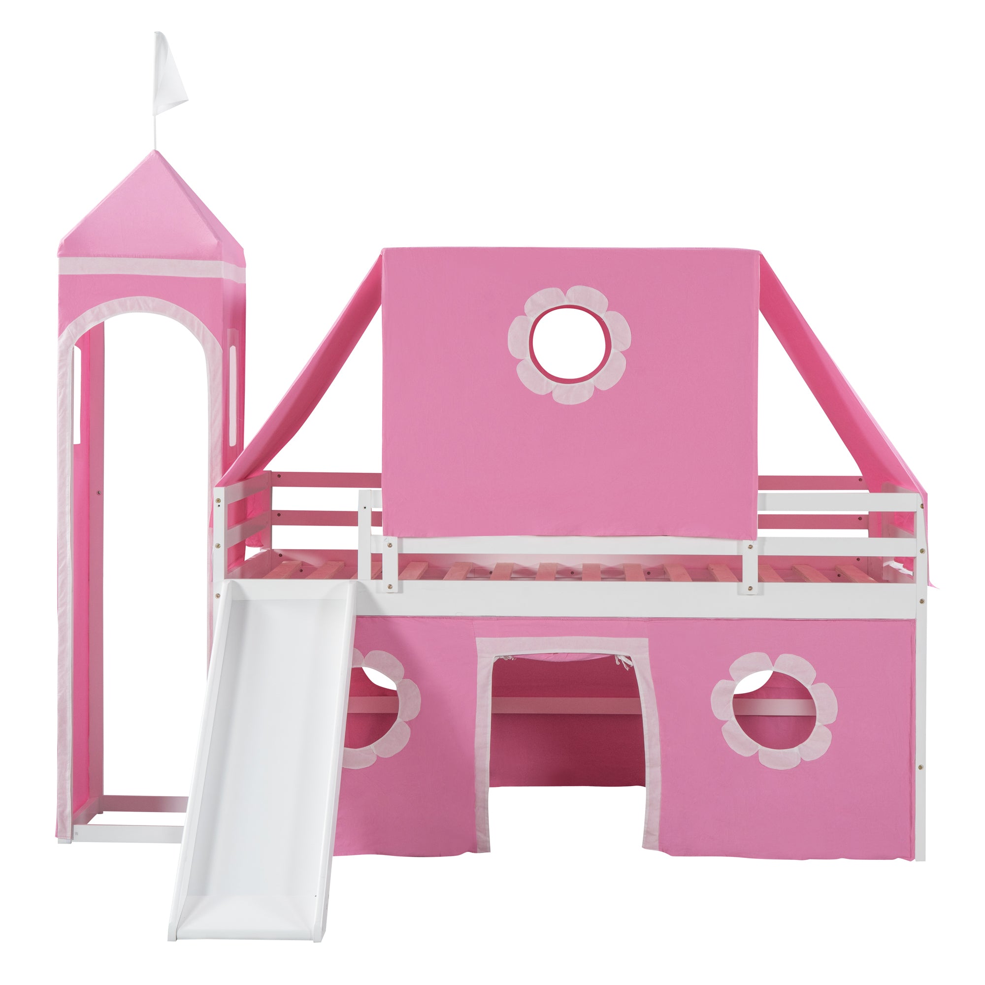 Twin Size Loft Bed with Slide Pink Tent and Tower - Pink