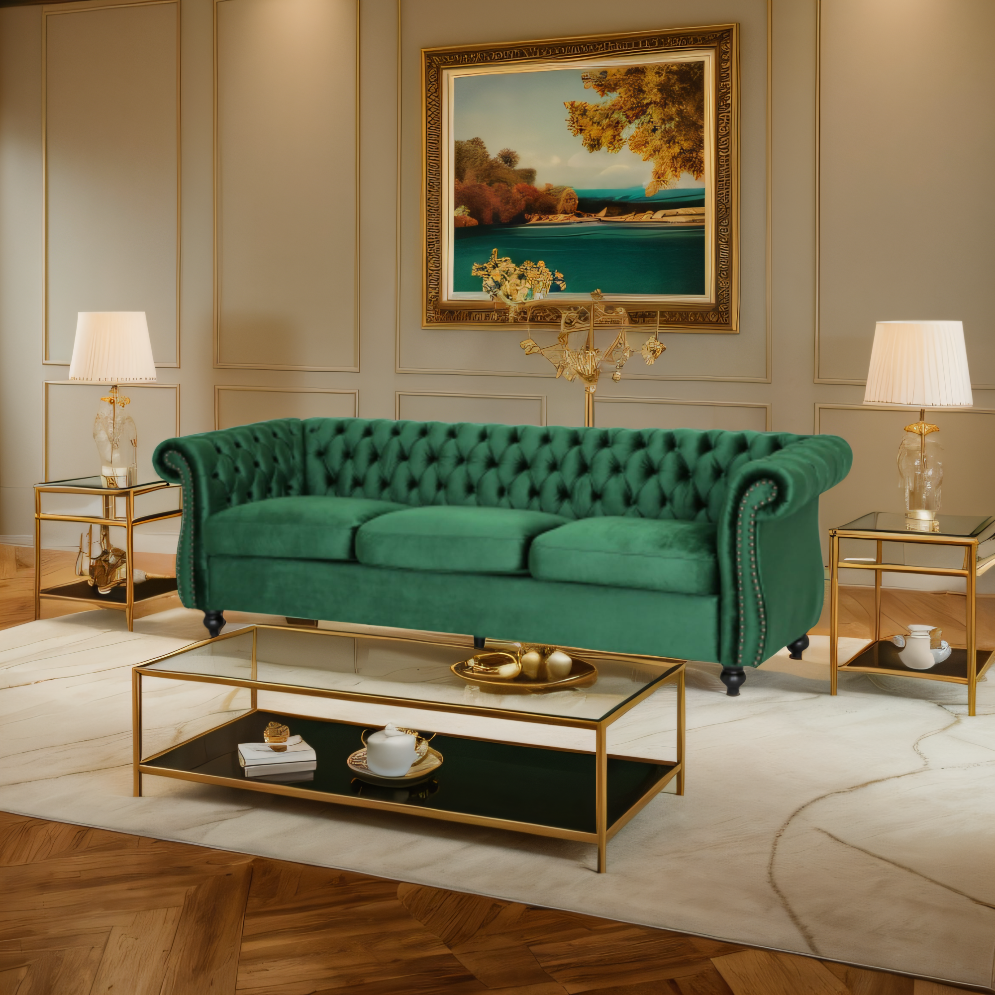 Durable 3-Seater Emerald Velvet Sofa, Combining Luxurious Comfort with Timeless Design, Perfect for Elegant Living Spaces, Featuring Plush Upholstery for Relaxation and a Touch of Sophisticated Style