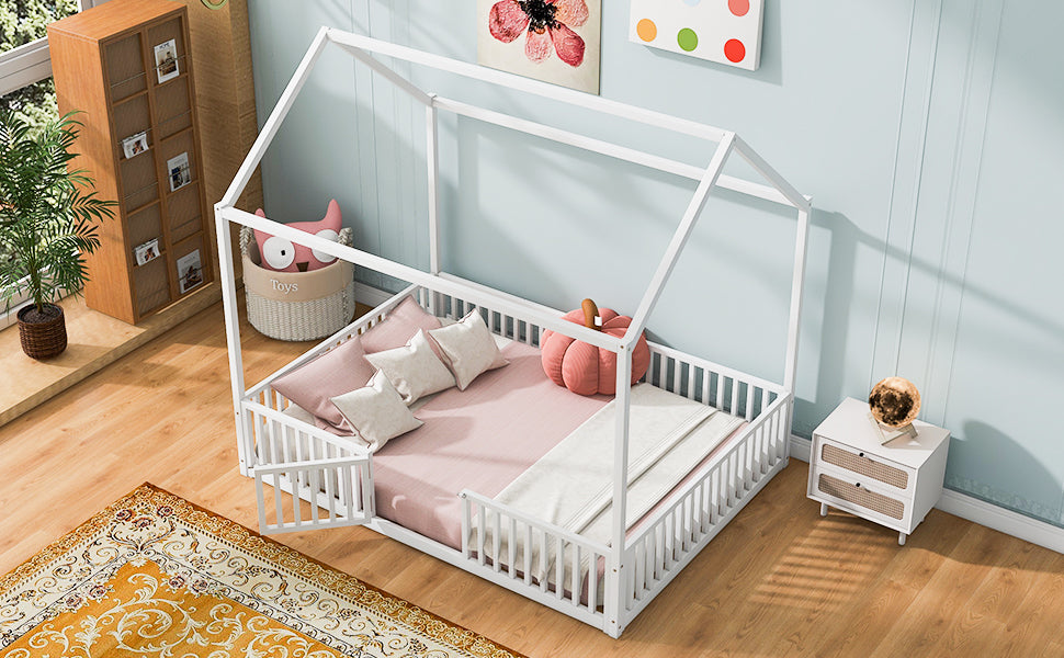 Full Size Metal House Bed with Fence and Door, White