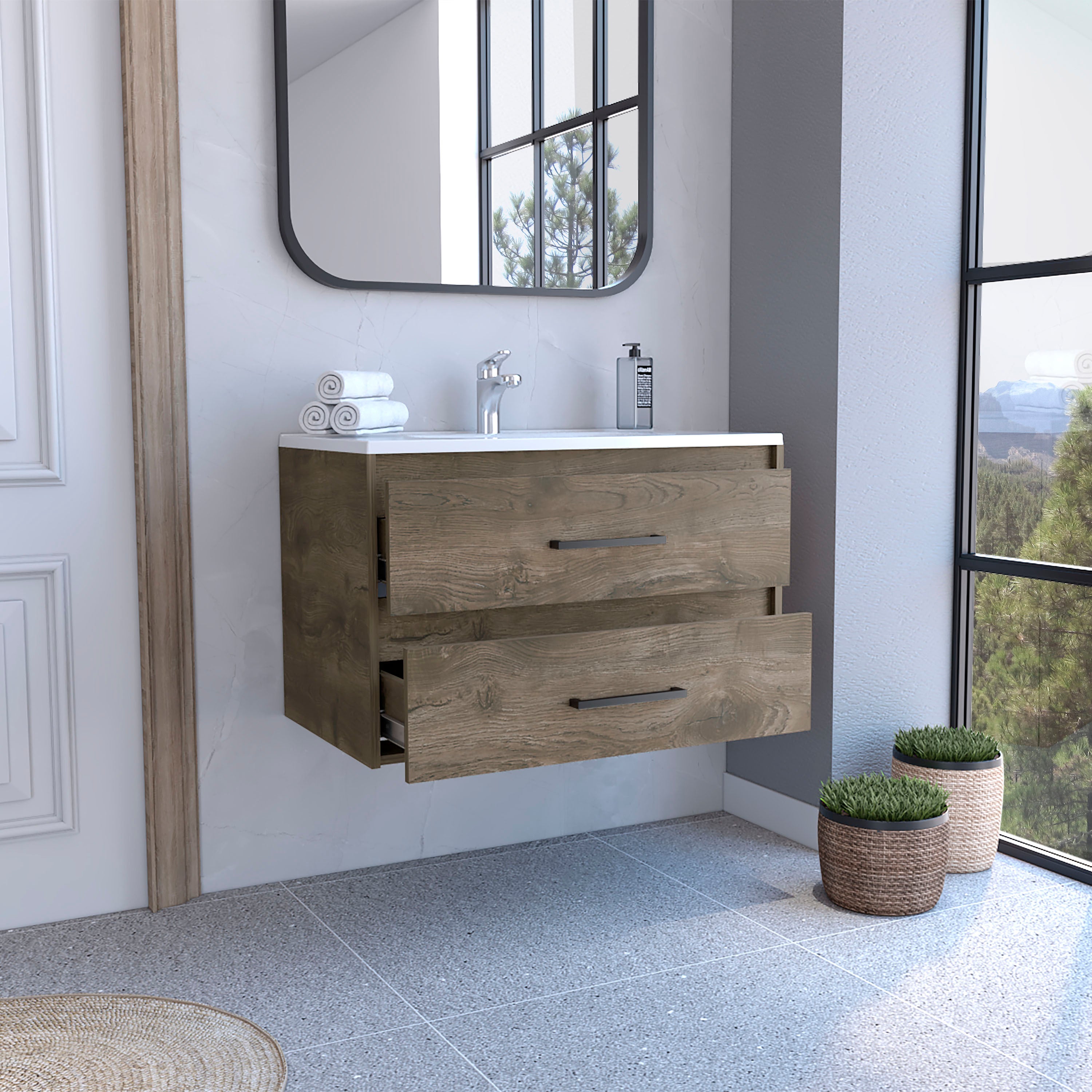 Praga Floating Vanity Sink with 2-Drawers  Dark Brown / White