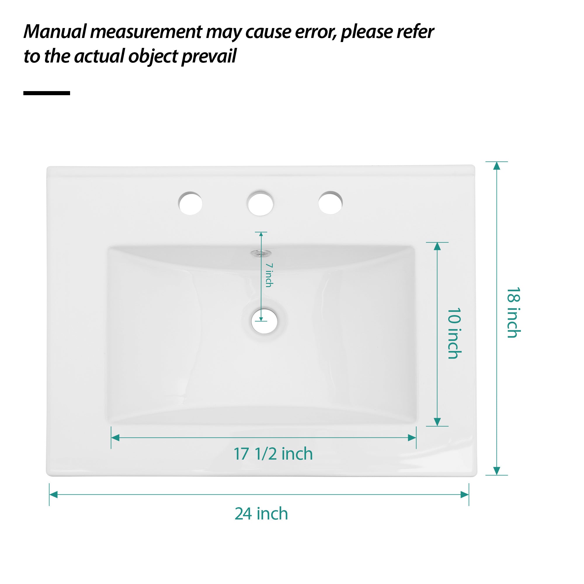 24"x18" White Rectangular Single Vanity Top with 3 Faucet Hole and Overflow(Sink Only)