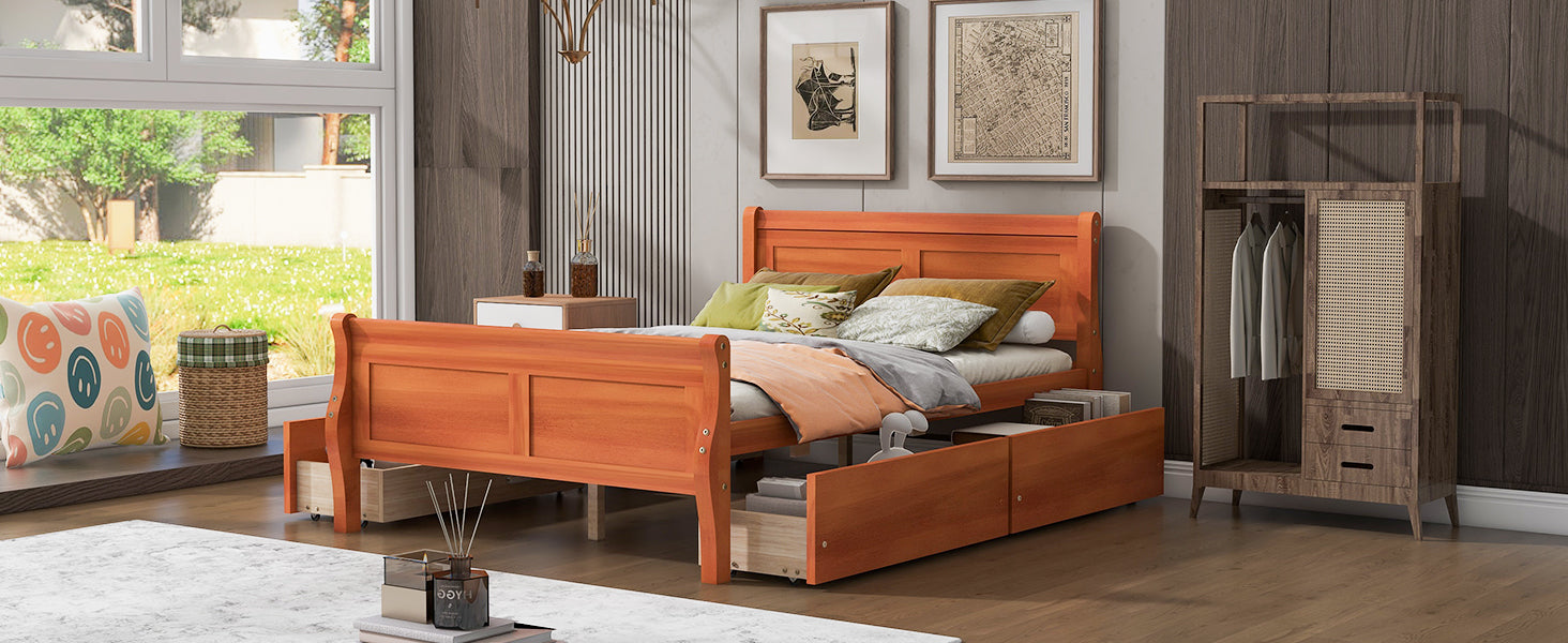 Full Size Wood Platform Bed with 4 Drawers and Streamlined Headboard & Footboard, Oak