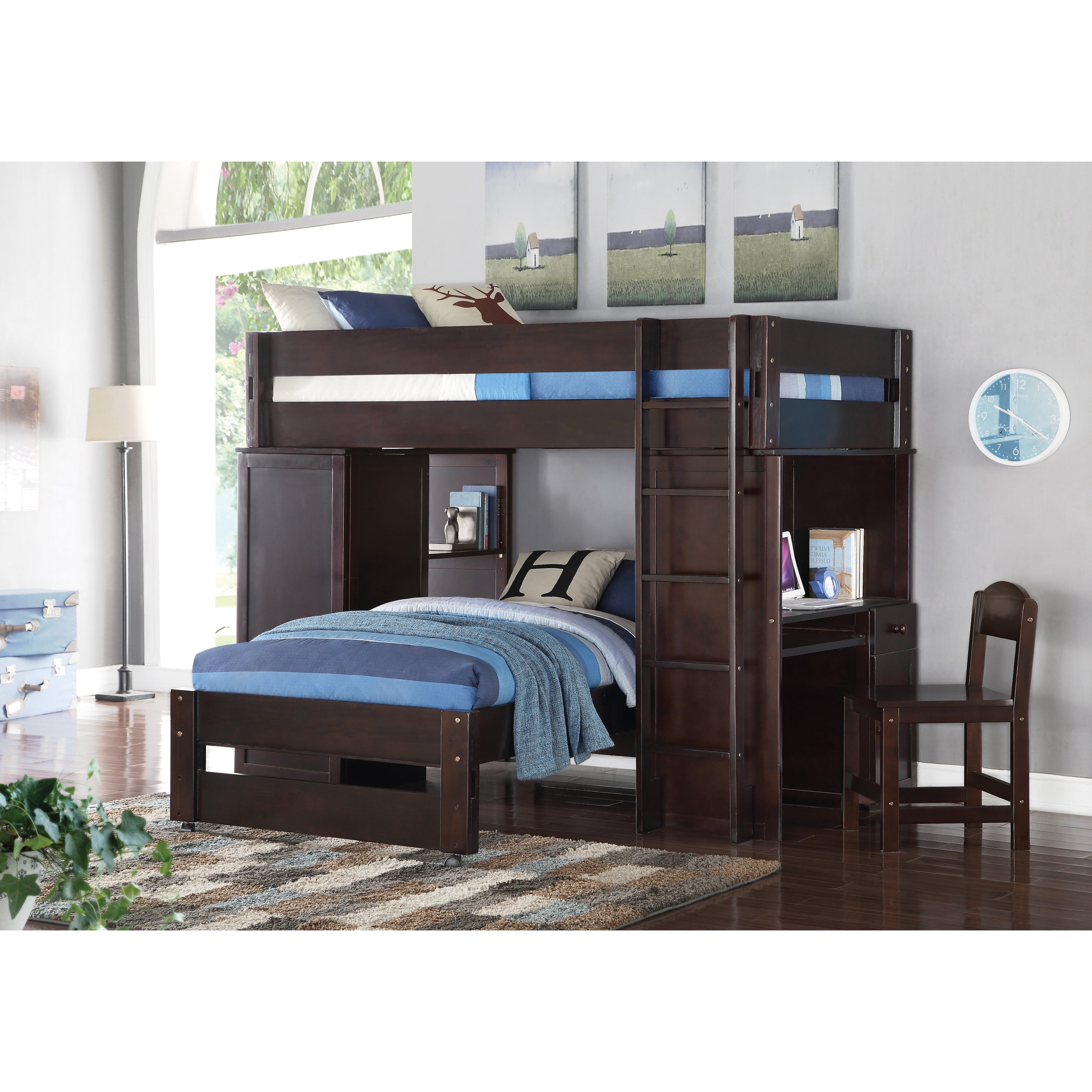 Wenge Twin Over Twin Loft Bed with Built-in Desk, Wardrobe and Chair