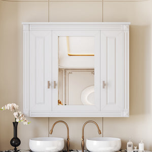 White wall mounted bathroom medicine cabinet with mirrored door, front view