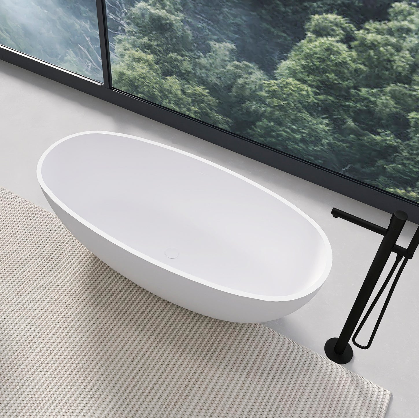 Freestanding solid surface soaking bathtub 65.2 inch side profile view