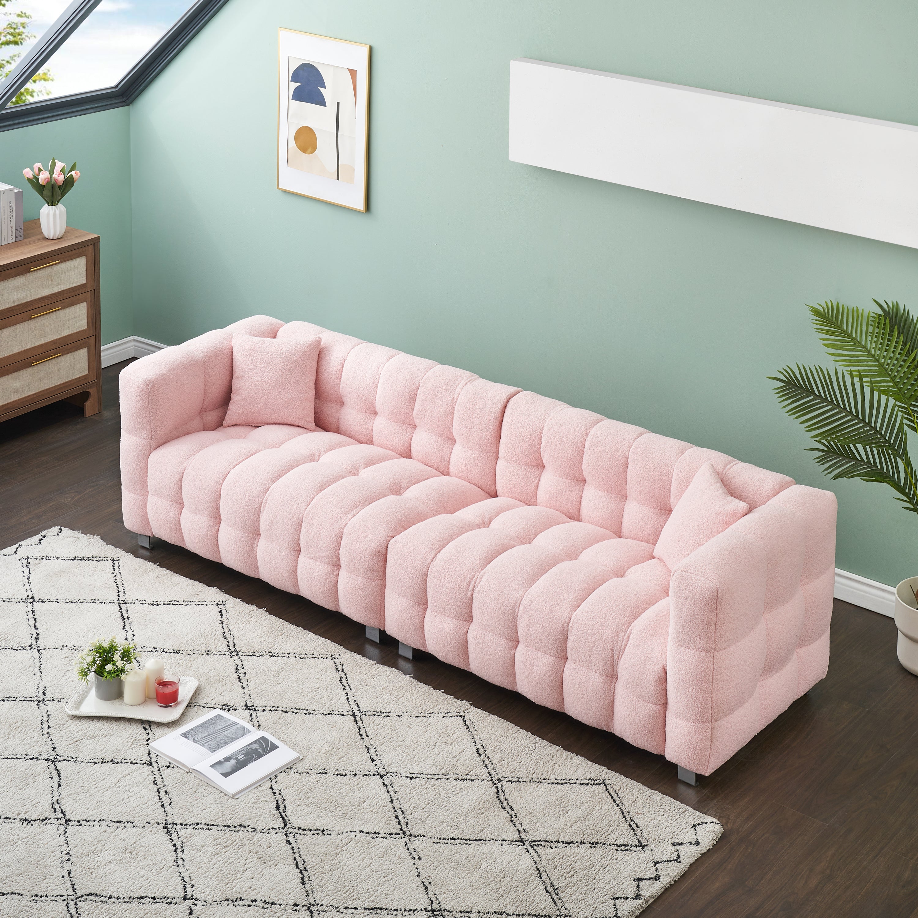 Charming 102-Inch Pink Teddy Fleece Sofa for Living Room, Bedroom, or Apartment - Includes Two Chic Throw Pillows & Sturdily Supported by Hardware Feet