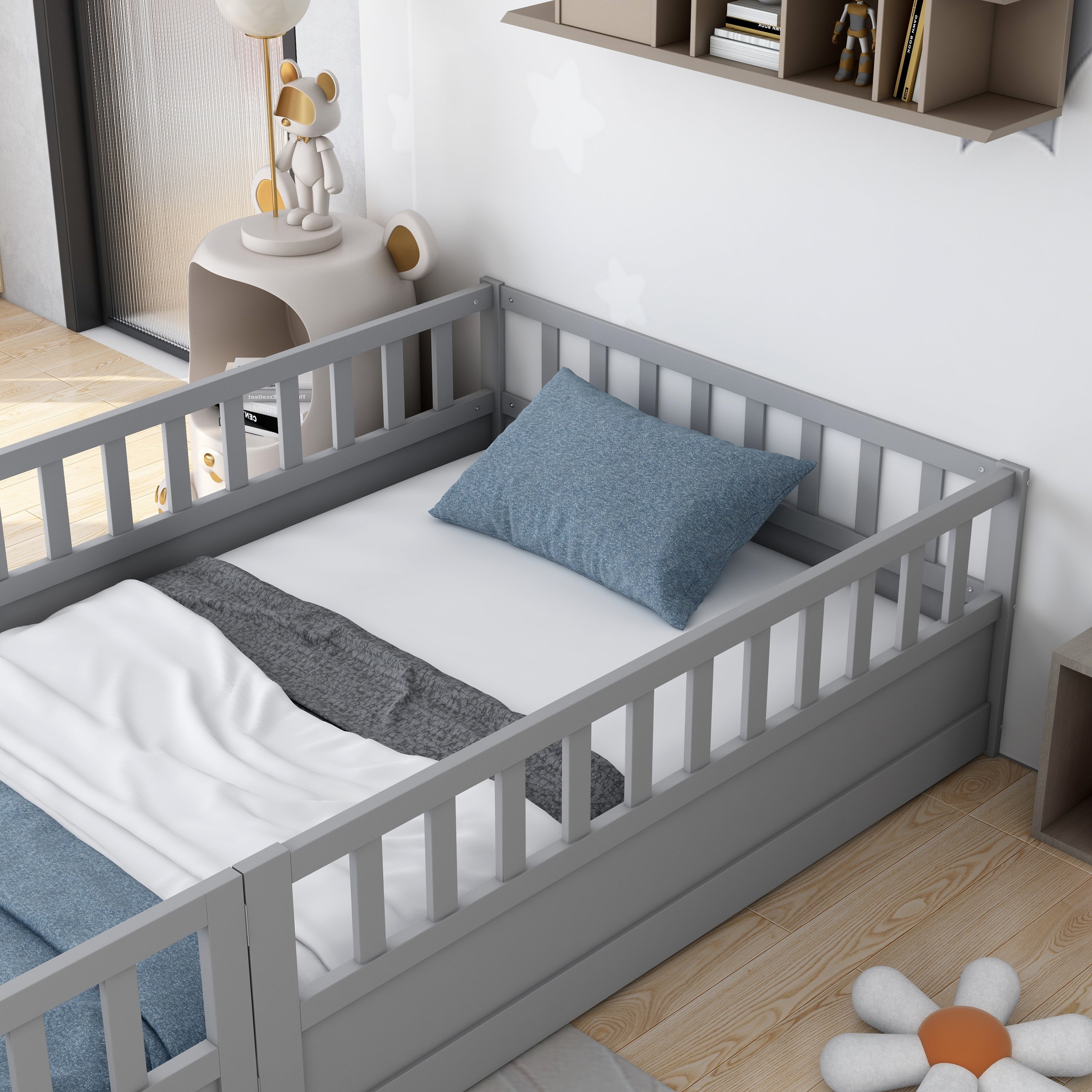 Twin Size Floor bed, integral construction with super high security barrier, door, children's floor bed frame, Montessori wooden children's floor bed,  Grey