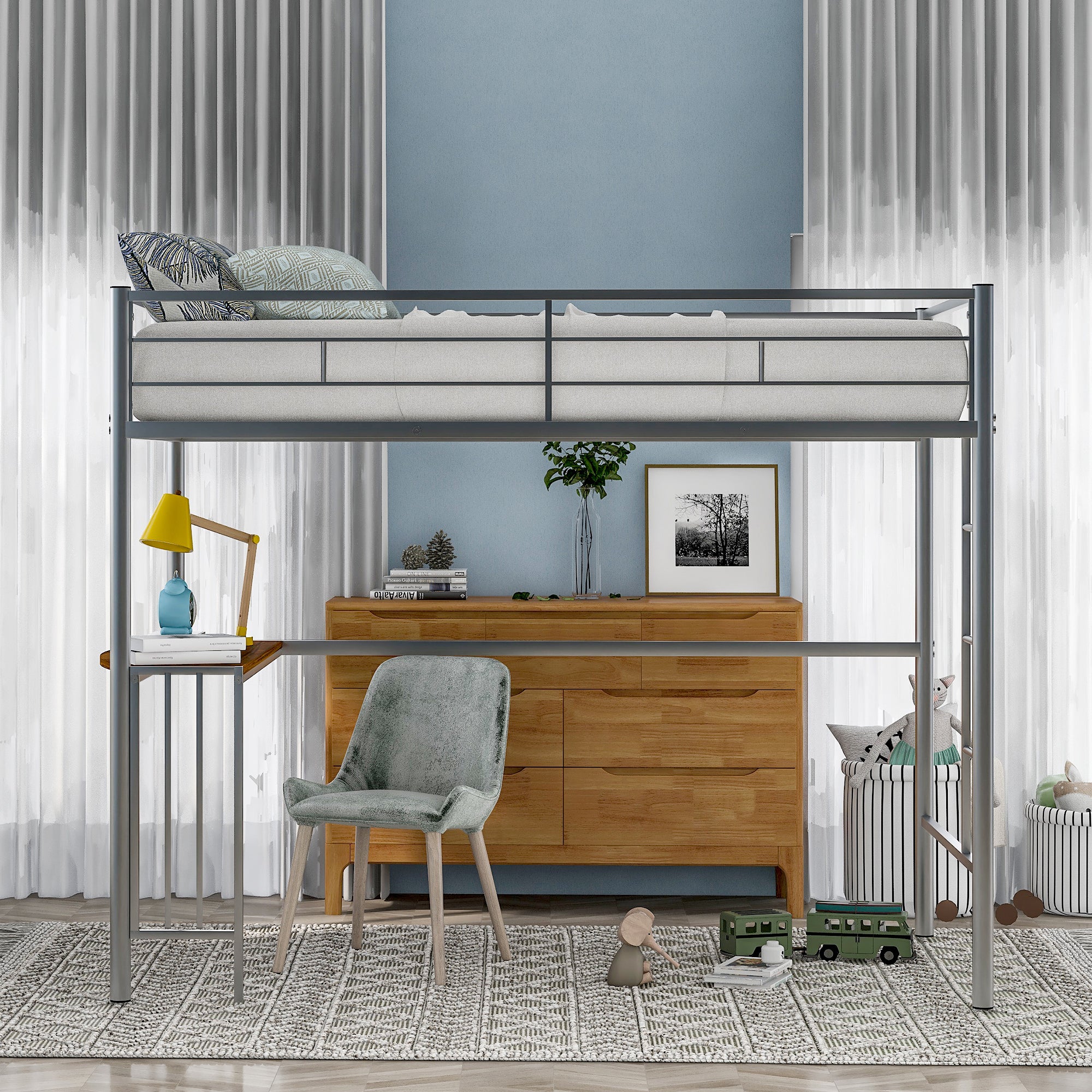 Twin Metal Loft Bed with Desk, Ladder and Guardrails, Loft Bed for Bedroom, Silver(OLD SKU : MF195191AAN)