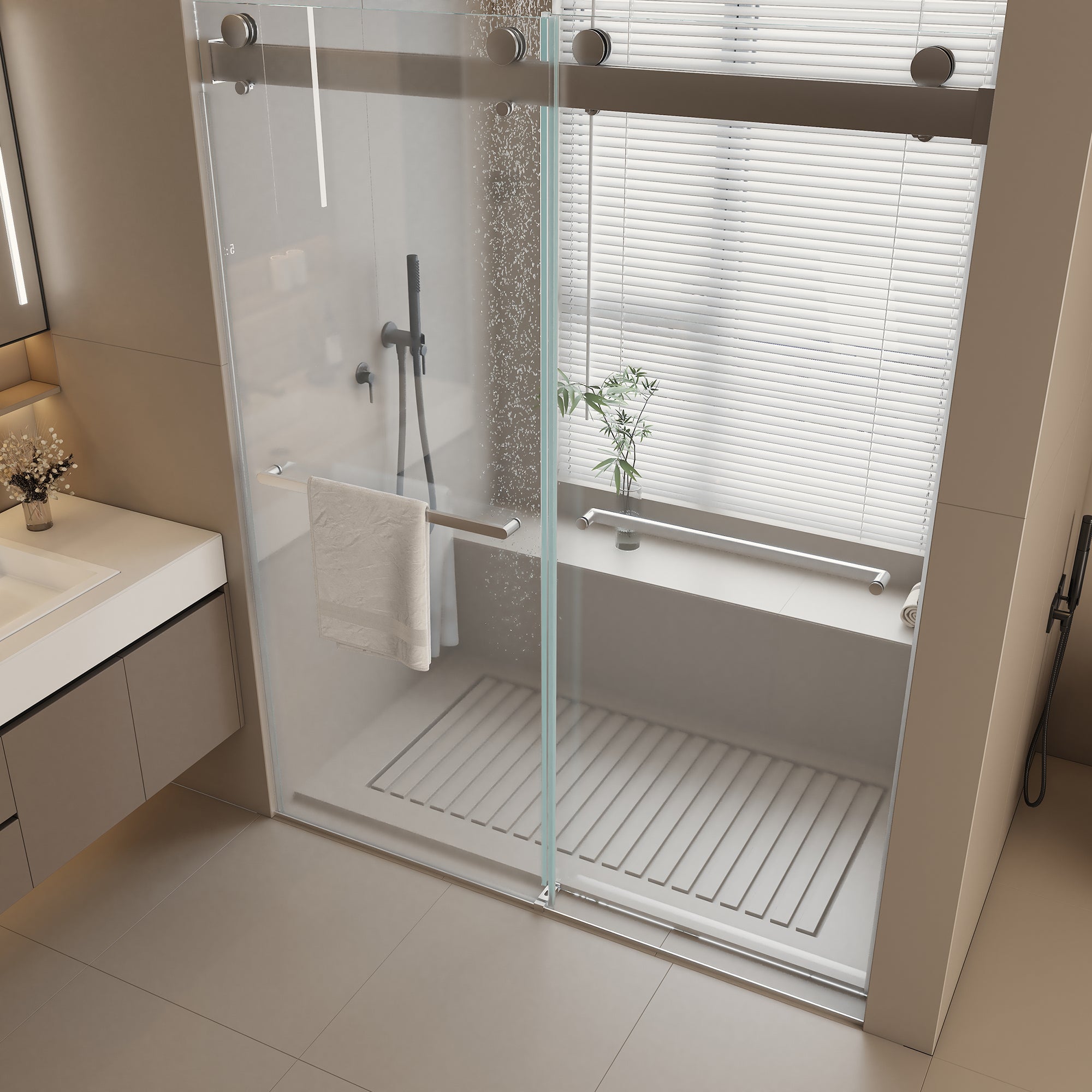 Double Sliding Frameless Soft-Close Shower Door,44-48"W x 76"H  Premium 3/8 Inch (10mm) Thick Tampered Glass and Easy-cleaning Coating in Chrome 23D02-48C