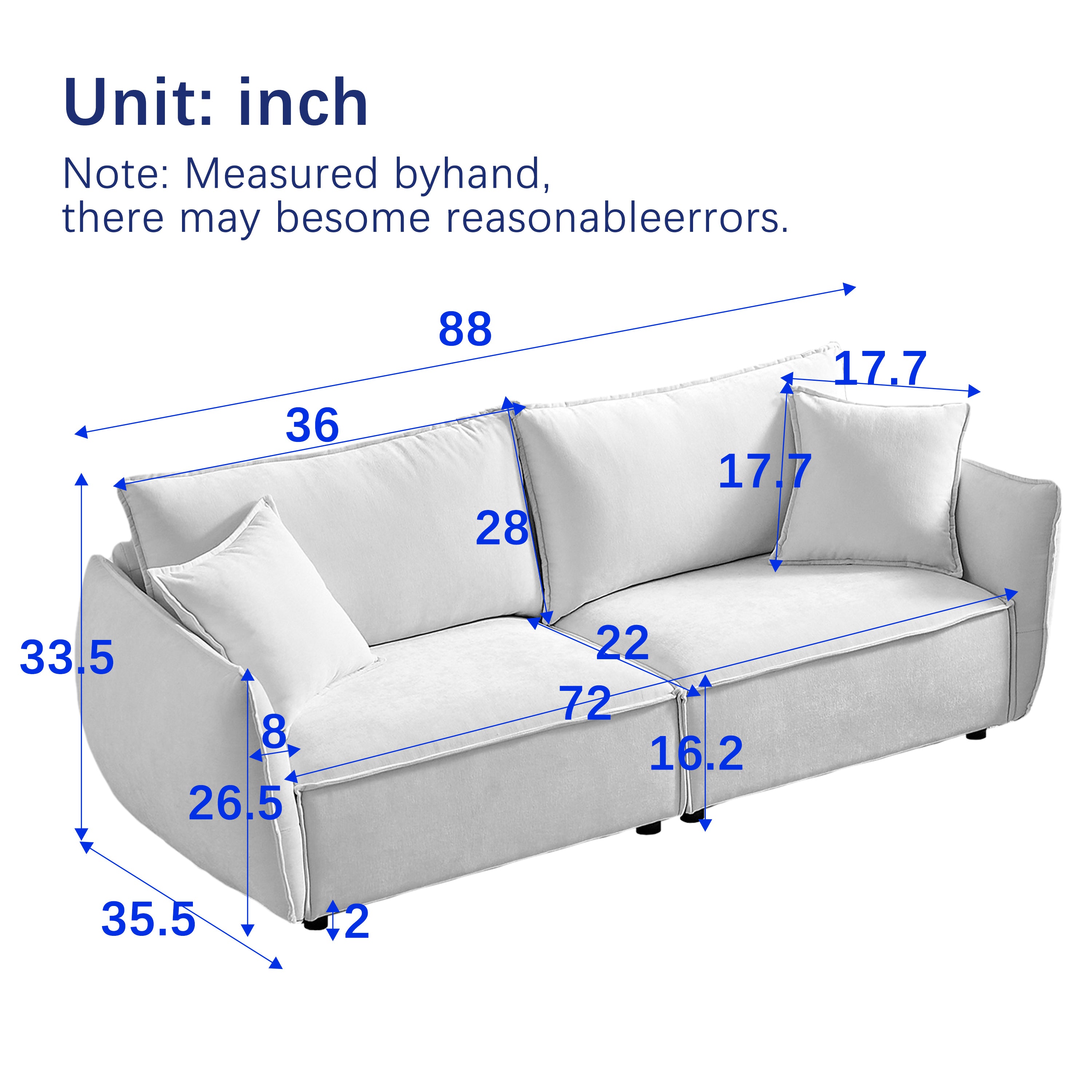 MH88" Modern Living Room Sectional, Wide Living Room Sectional, Stylish chenille Triple Sectional with Extra 2 Pillows, Thickly Padded Seat and Back and Armrests for Apartment, Living Room