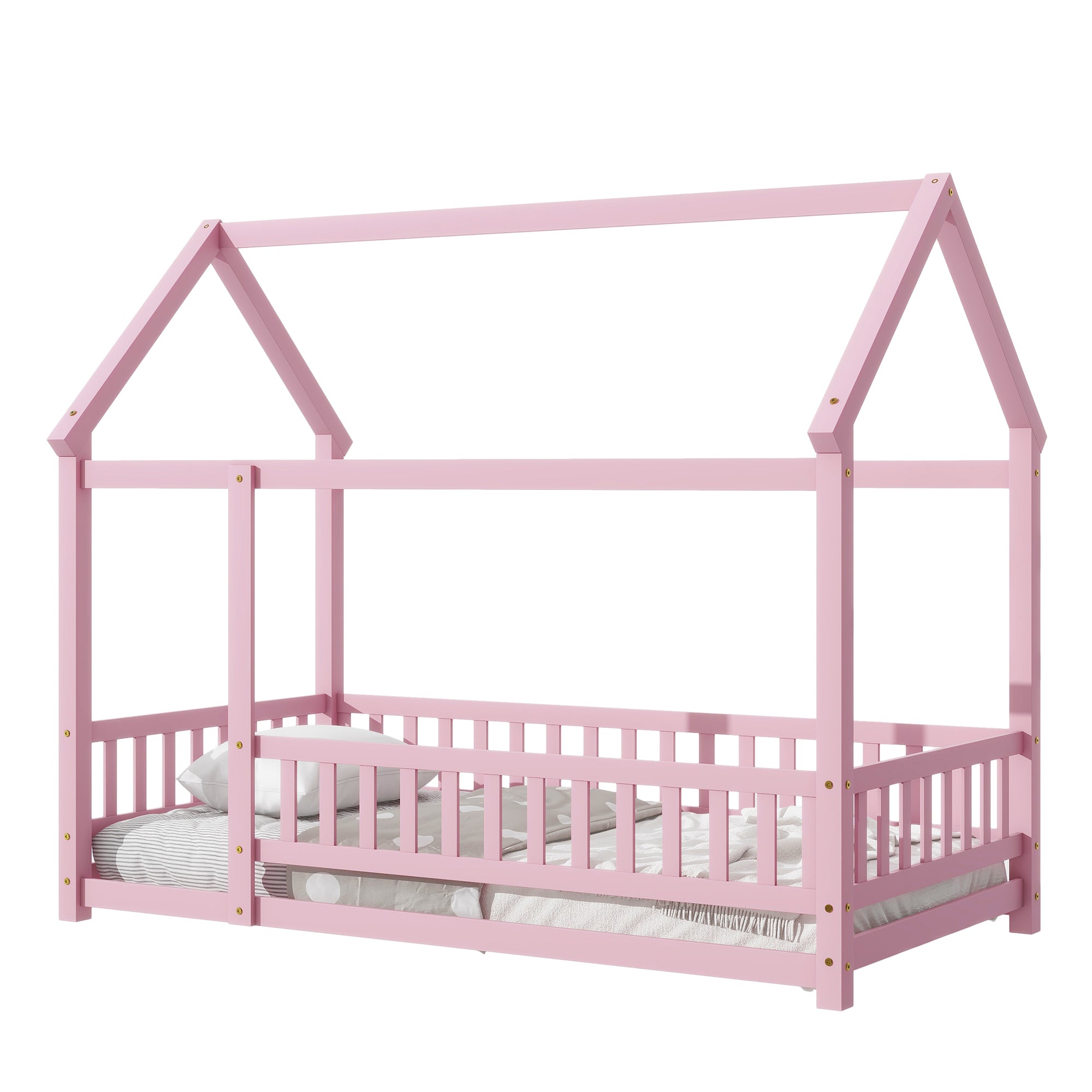 Twin Size Floor Wooden Bed with House Roof Frame, Fence Guardrails,Pink