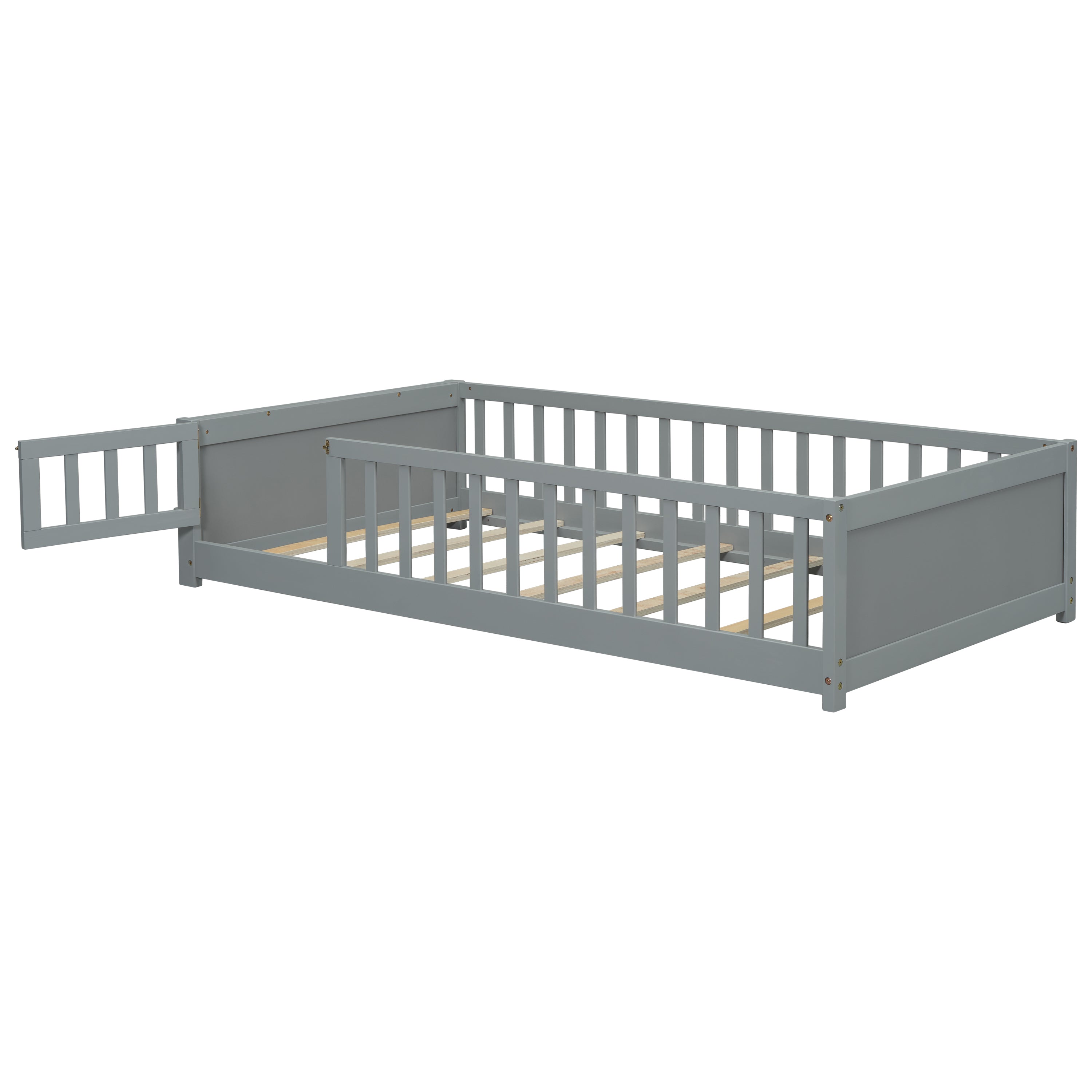 Twin size Floor Platform Bed with Built-in Book Storage Rack, Door,Grey