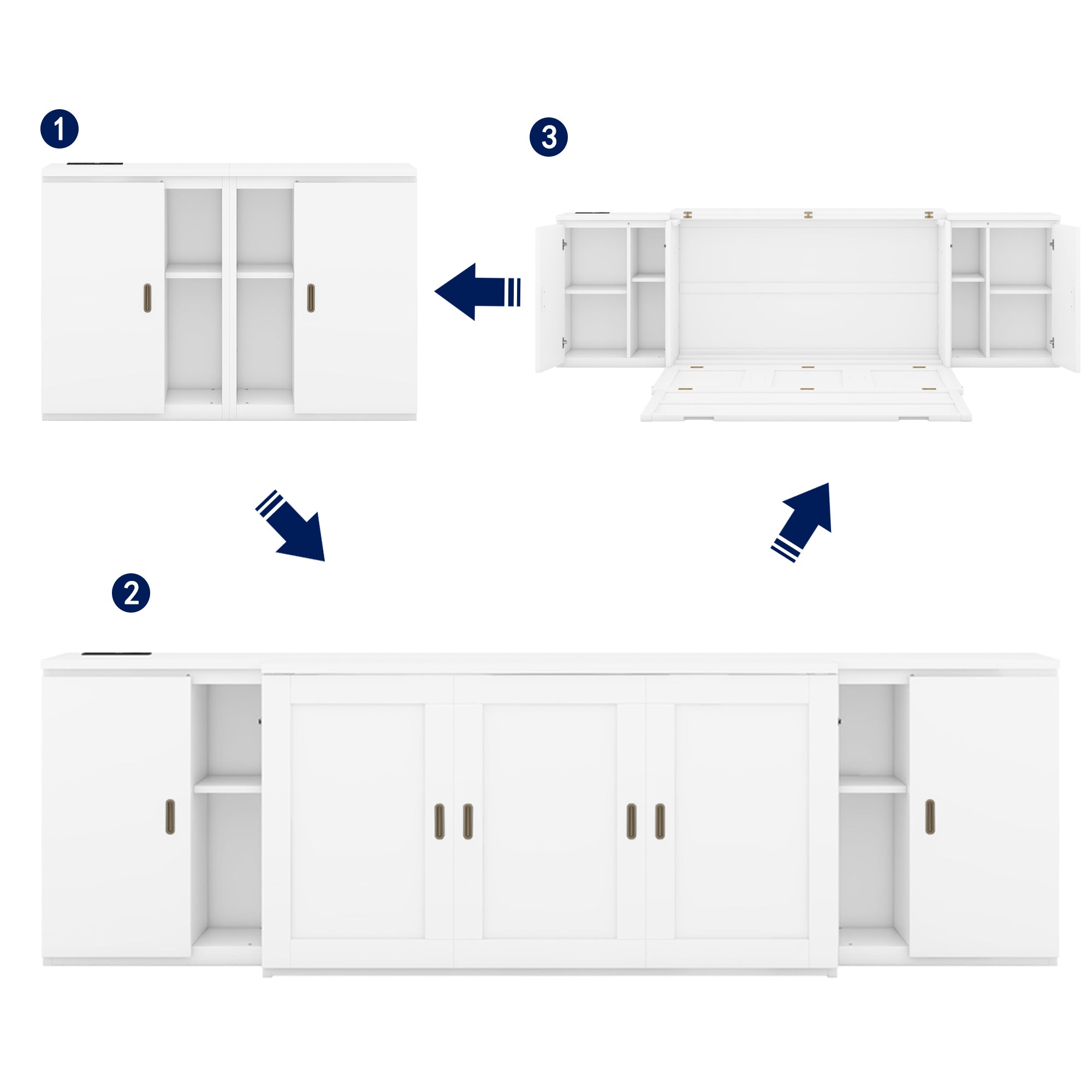 Queen Size Murphy Bed with Shelves, Cabinets and USB Ports,White