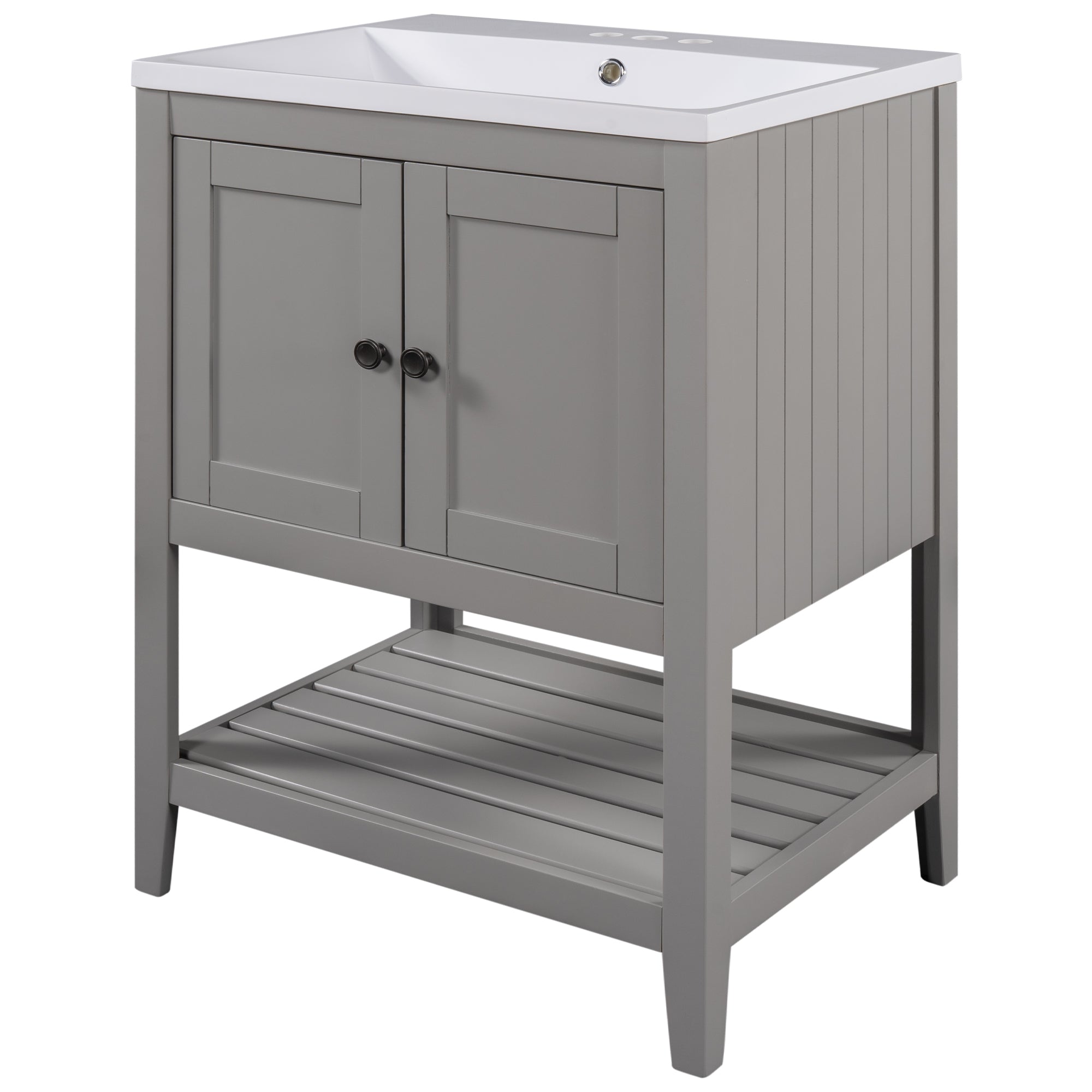 [VIDEO] 24" Grey Modern Sleek Bathroom Vanity Elegant Ceramic Sink with Solid Wood Frame Open Style Shelf (OLD SKU: JL000004AAE)