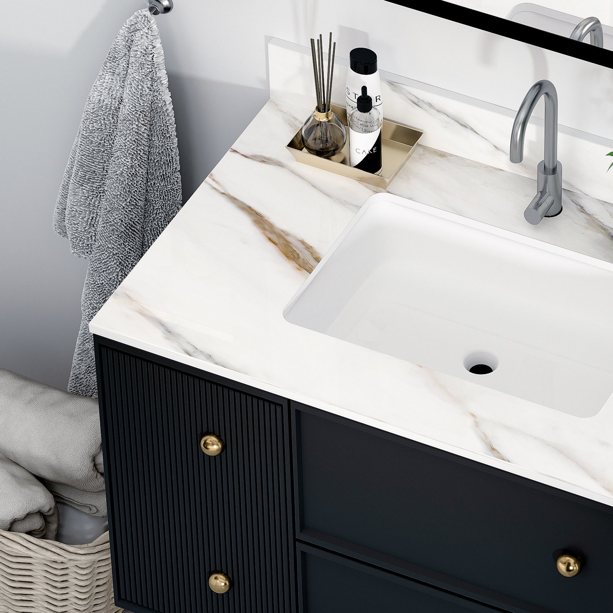 37 Inch Marble Vanity Top, Bathroom Vanity Top with Undermount Rectangular Middle Sink and 4" Height Backsplash, Pre-Drilled  Faucet Hole  Vanity Top, Carrara white with veins