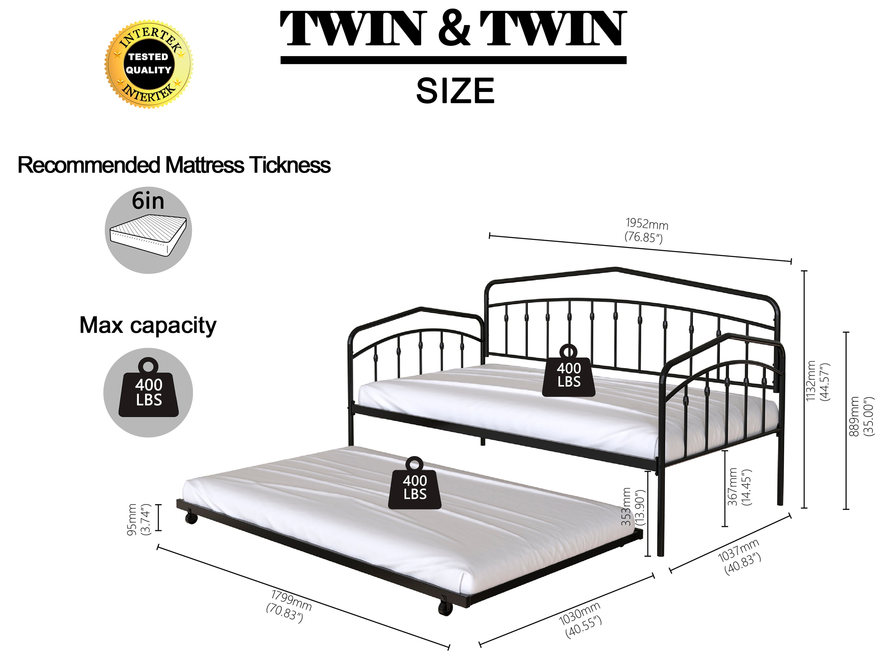 Fox twin daybed with twin trundle, Black