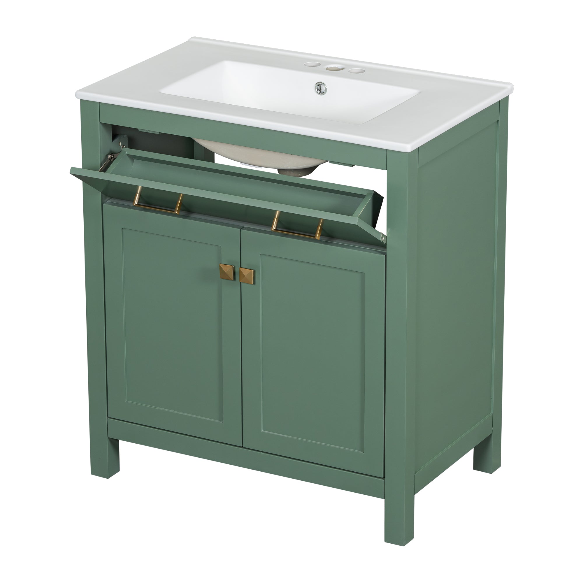 30-inch Bathroom Vanity with Ceramic Sink, Modern Green Single Bathroom Cabinet with 2 Doors and a Shelf, Soft Close Doors