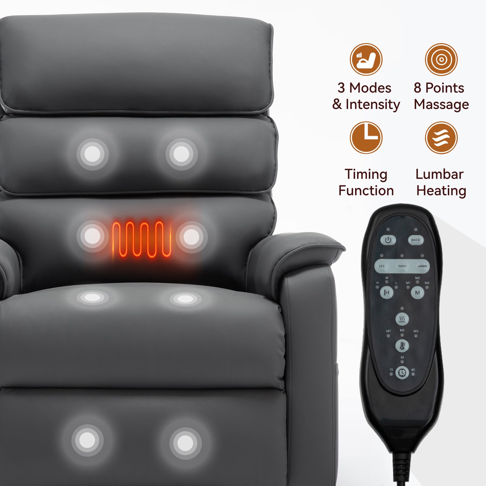 Grey Cat-proof Leather Dual Motor Infinite Position Up to 350 LBS Power Lift Recliner Chair with Power-Remote, Heat Massage and Heavy Duty Motion Mechanism