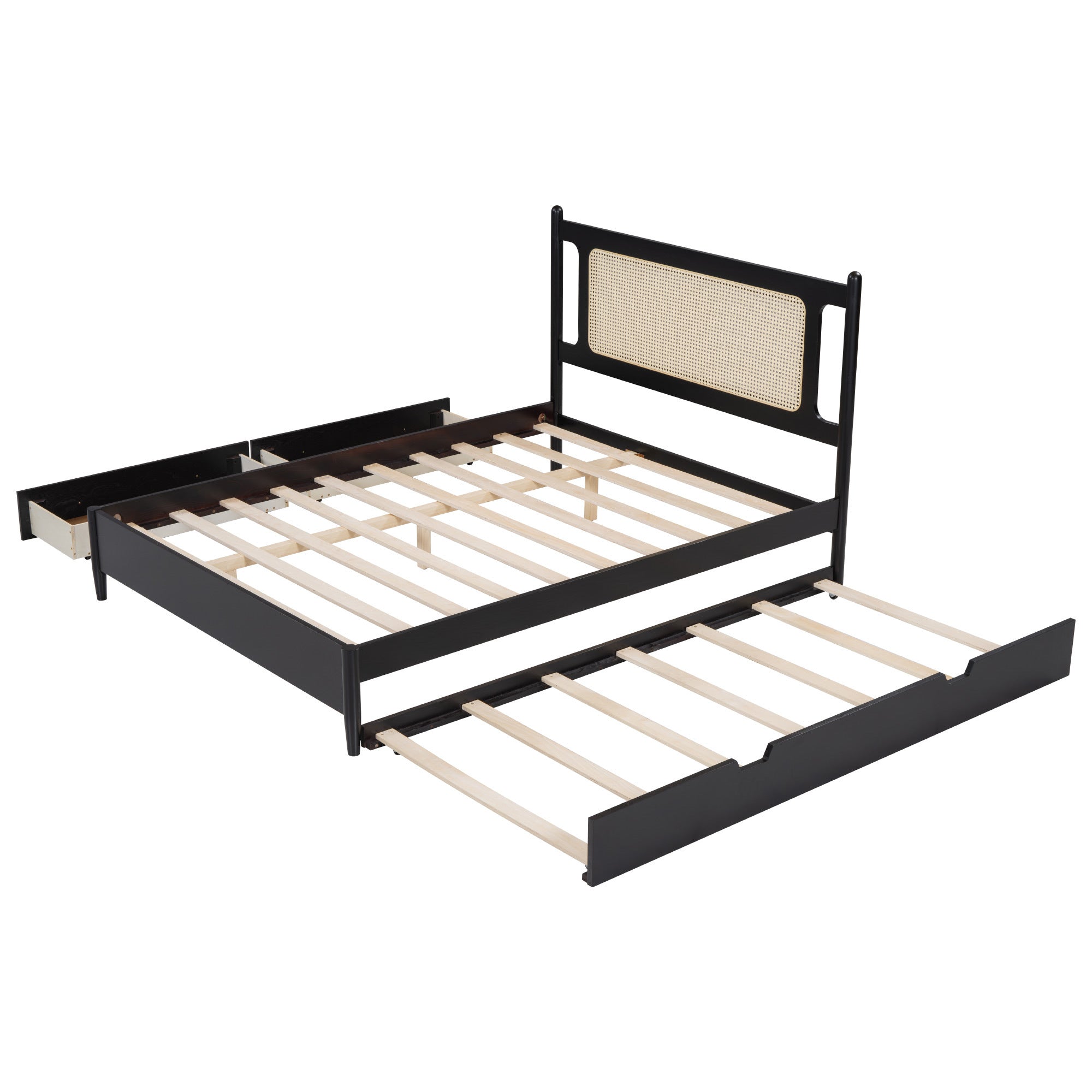 Queen Size Wooden Rattan Platform Bed, with 2 Big Drawers, T Size Trundle, Espresso