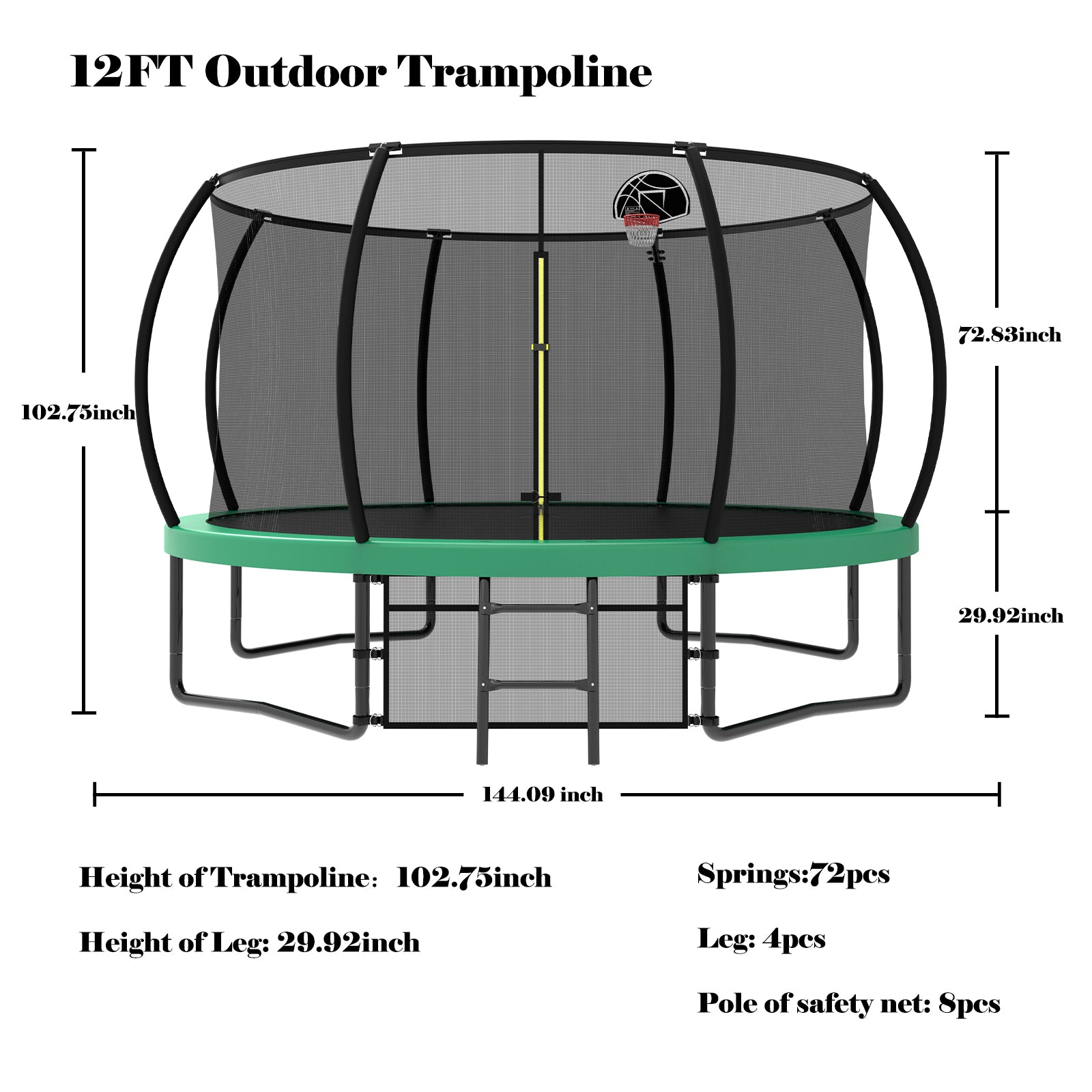 12FT Recreational Kids Trampoline with Safety Enclosure Net & Ladder, Outdoor Recreational Trampolines