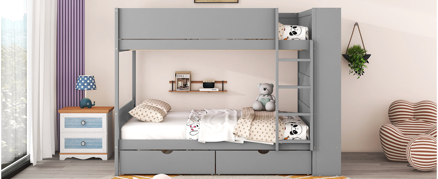 Full over Full Bunk Bed With 2 Drawers and Multi-layer Cabinet, Gray