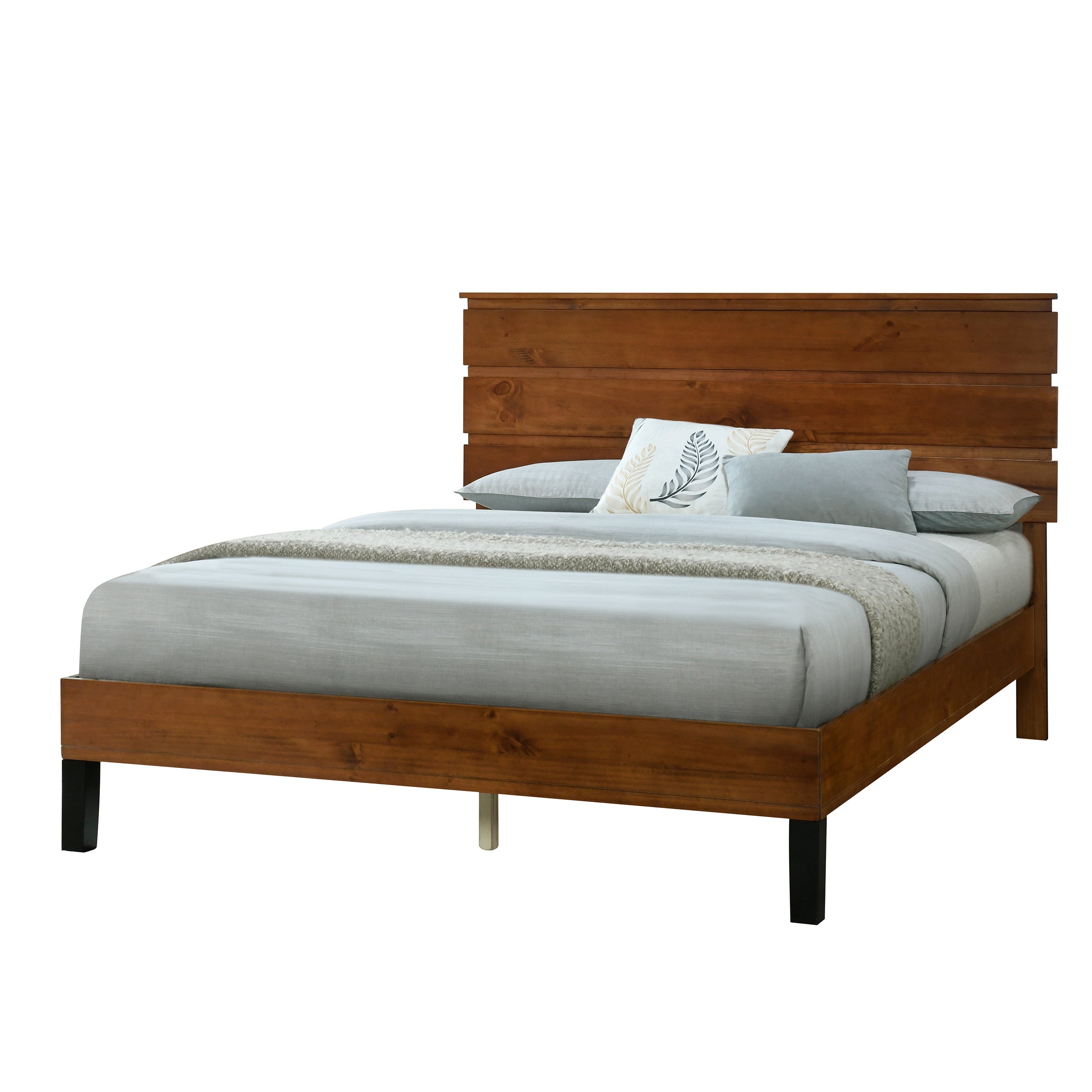 Mid-Century Modern Solid Wood Bed Frame Full Size Platform Bed with Three-Piece Headboard Design, No Box Spring Needed, Brown