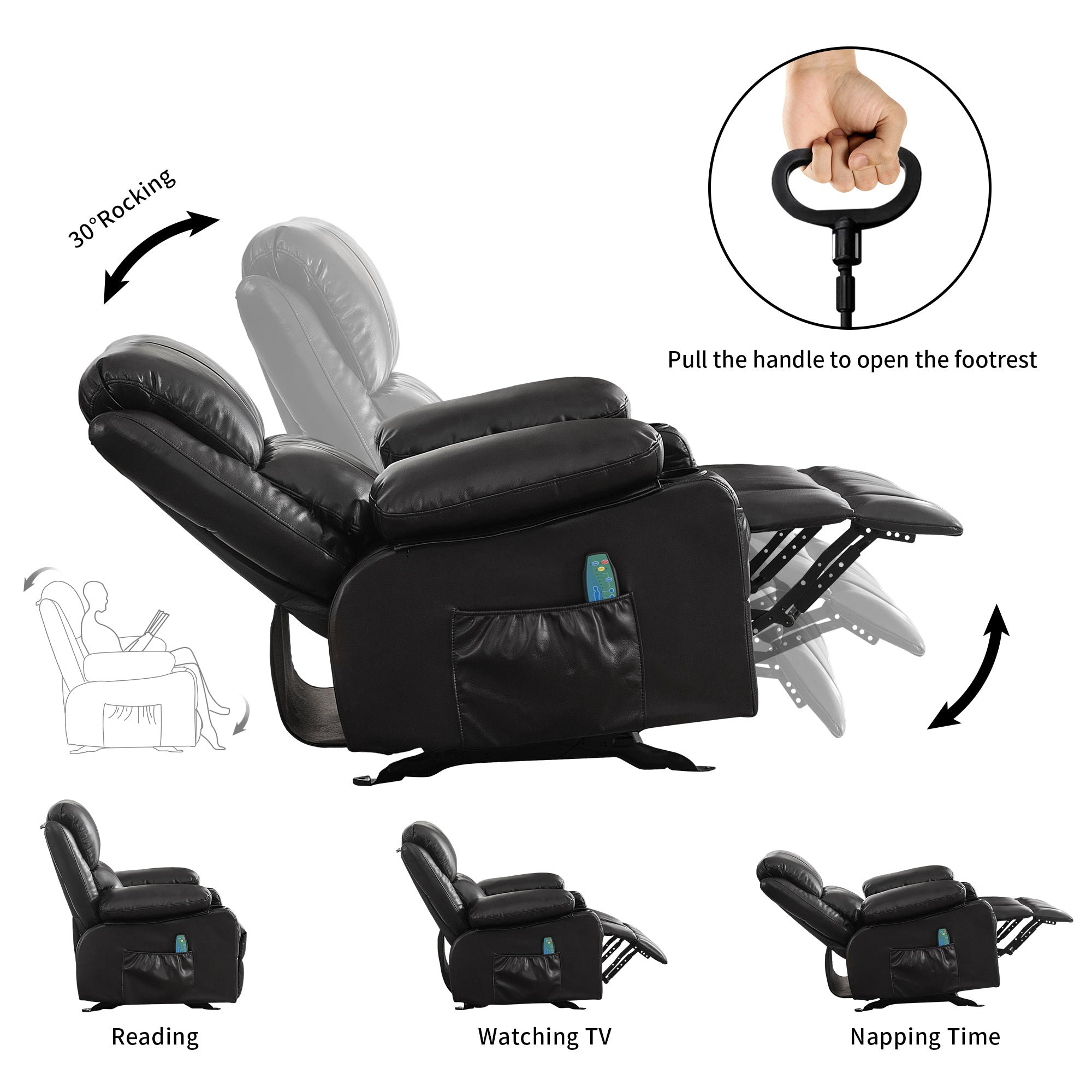 Vanbow.Recliner Chair Rocking Chairs for Adults  with 2 Cup Holders, USB Charge Port Soft Features a Manual Massage and Heat.BLACK