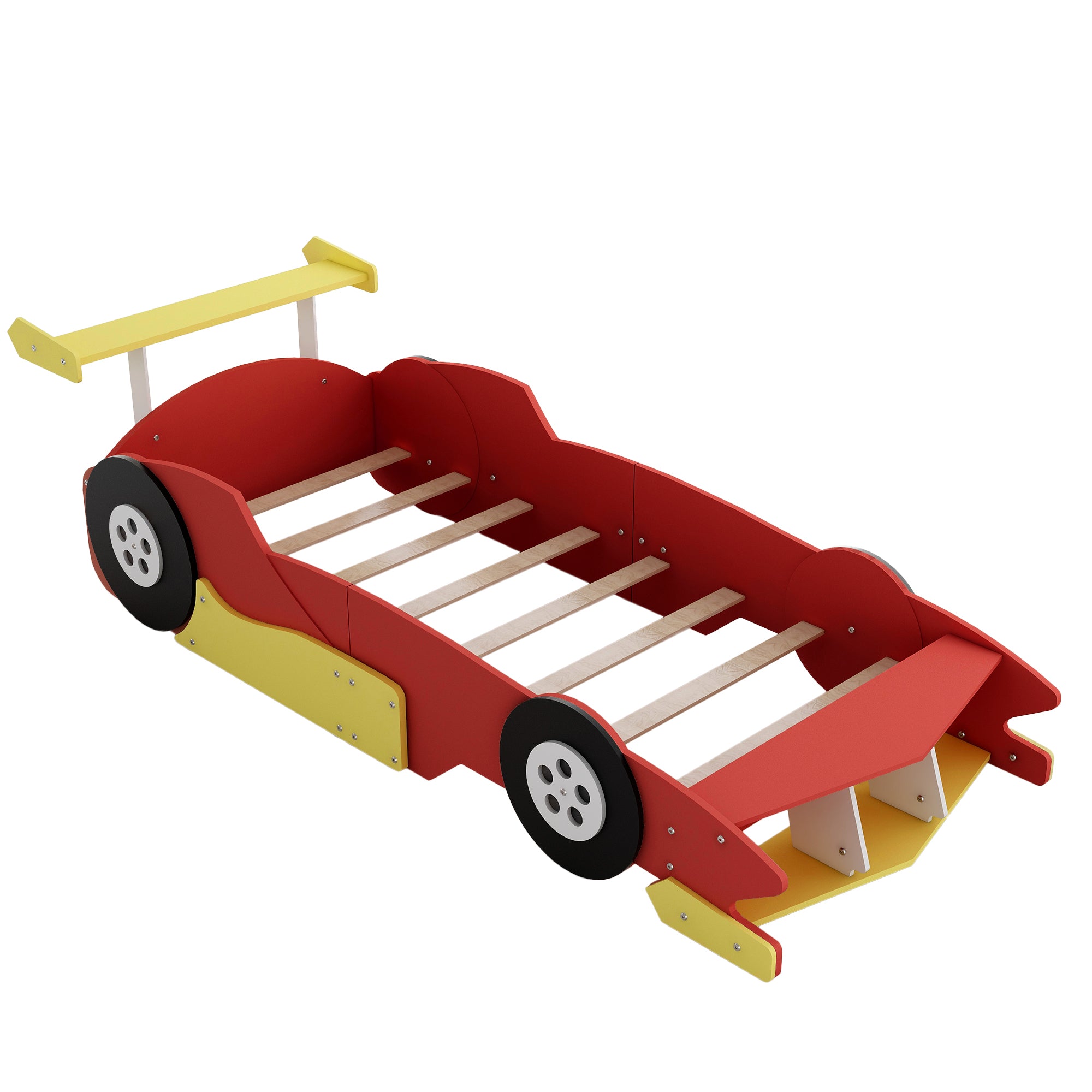 Twin Size Race Car-Shaped Platform Bed with Wheels,Red