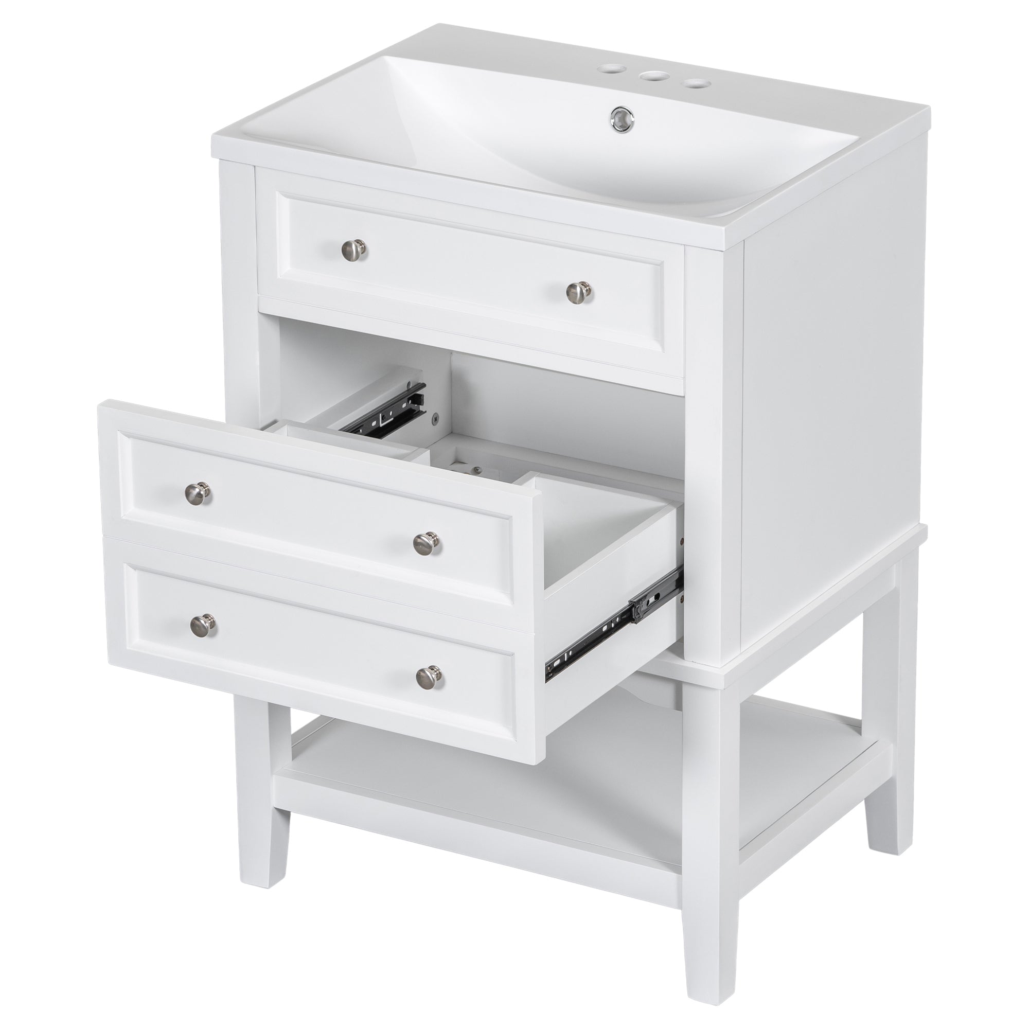 24" Bathroom Vanity With Sink, Bathroom Storage Cabinet with Drawer and Open Shelf, Solid Wood Frame, White