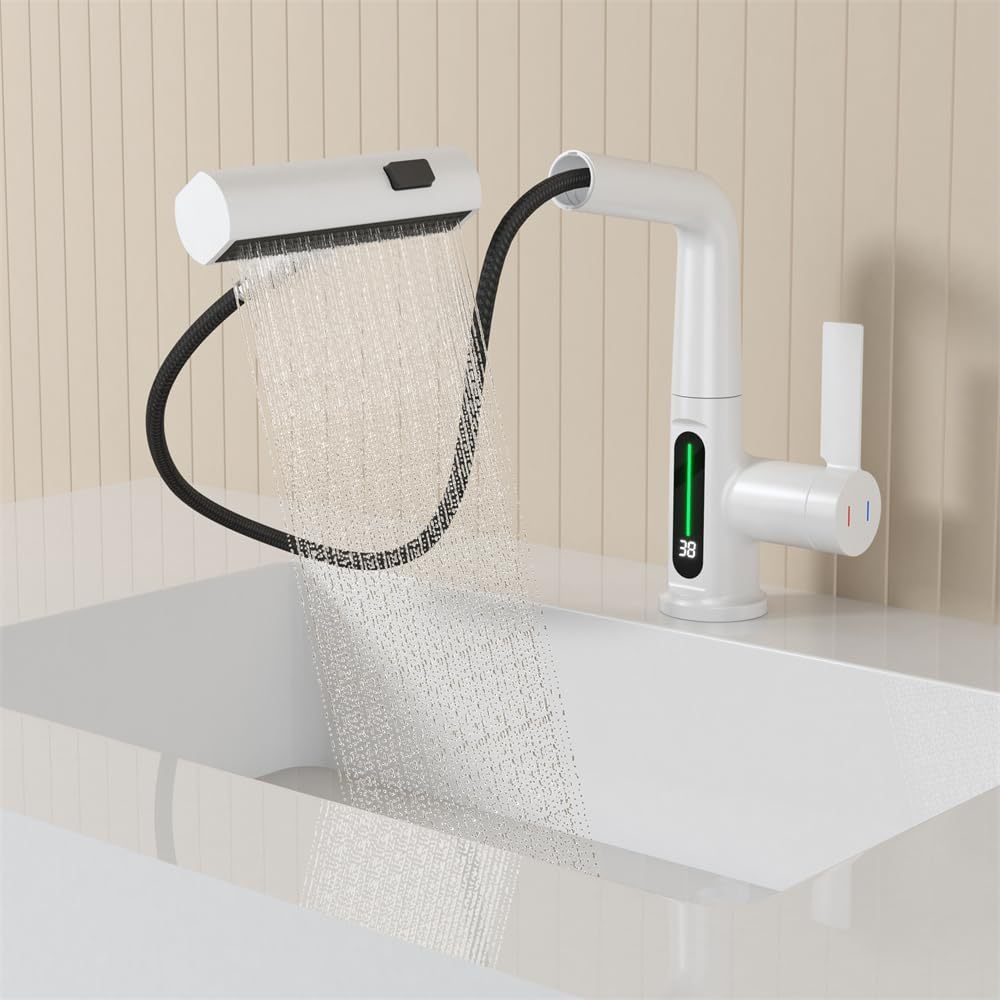 Pull-Out Lift LED Temperature Digital Display Bathroom Basin Faucet, Single Handle 360° Rotatable Waterfall 3-in-1 Basin Tap with Adjustable Height - White