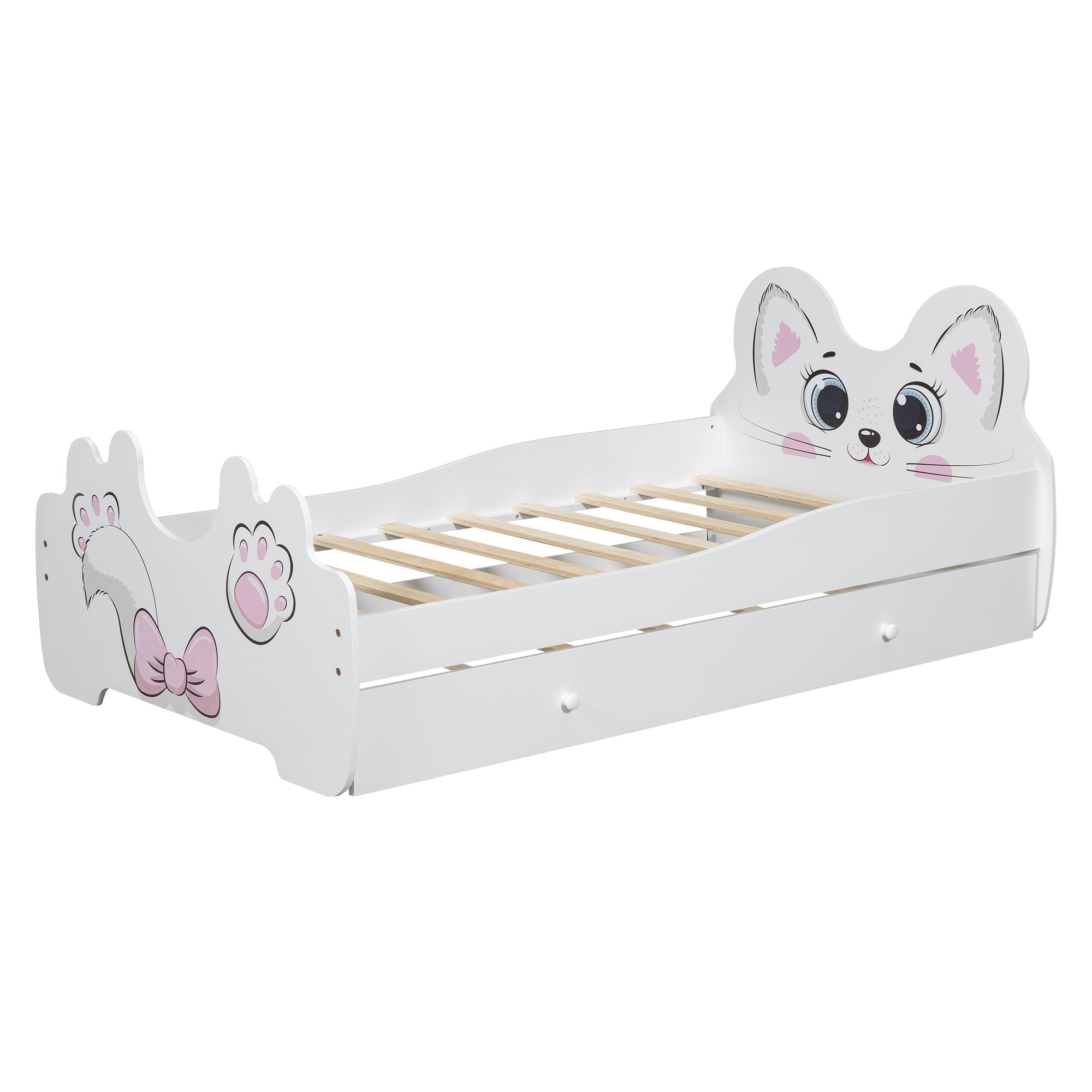 Cartoon Twin Size Platform Bed with Trundle, White