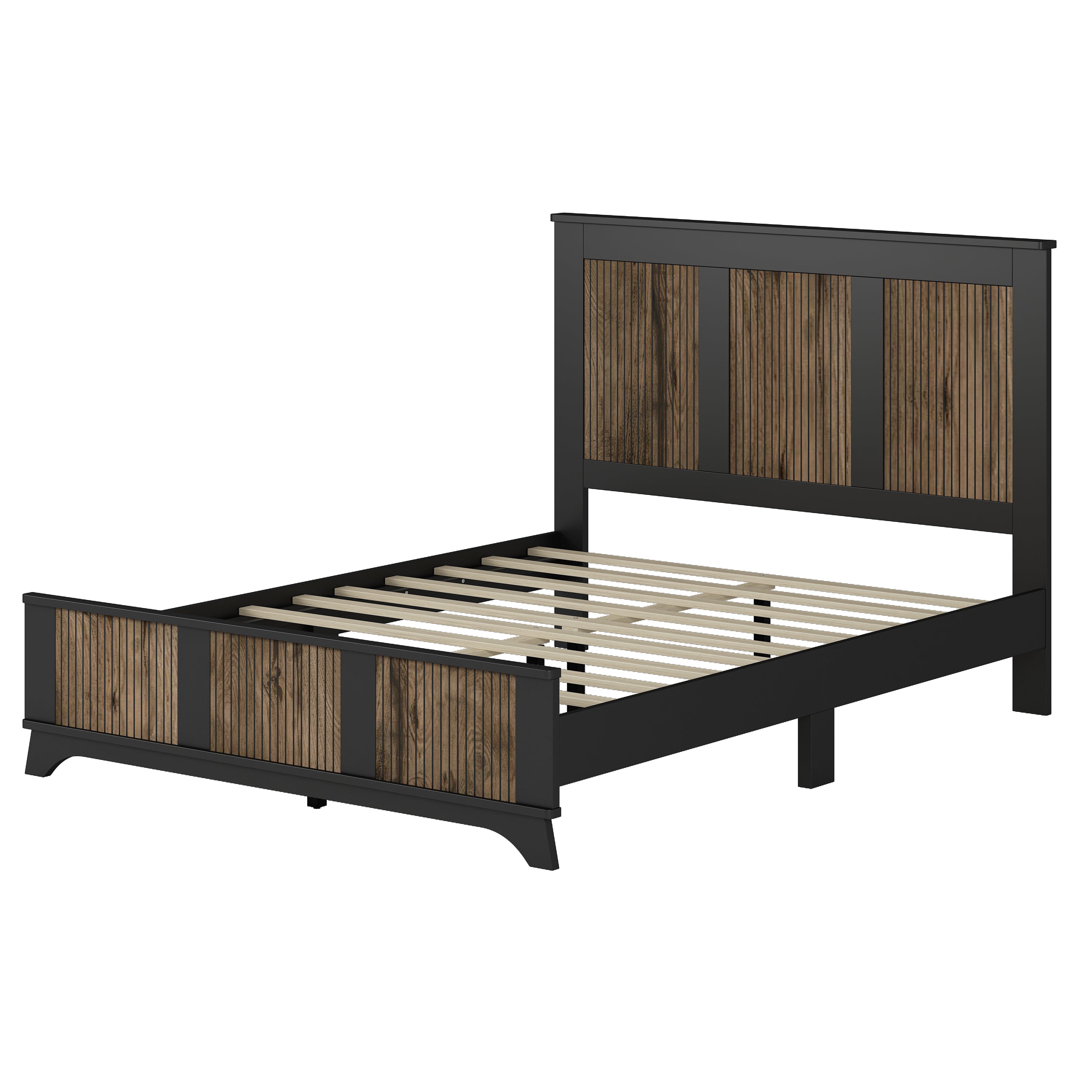 Farmhouse Wooden Platform Queen Size Bed, Modern Platform Bed with Wooden Strip Decoration, Plywood Slats Support, Black