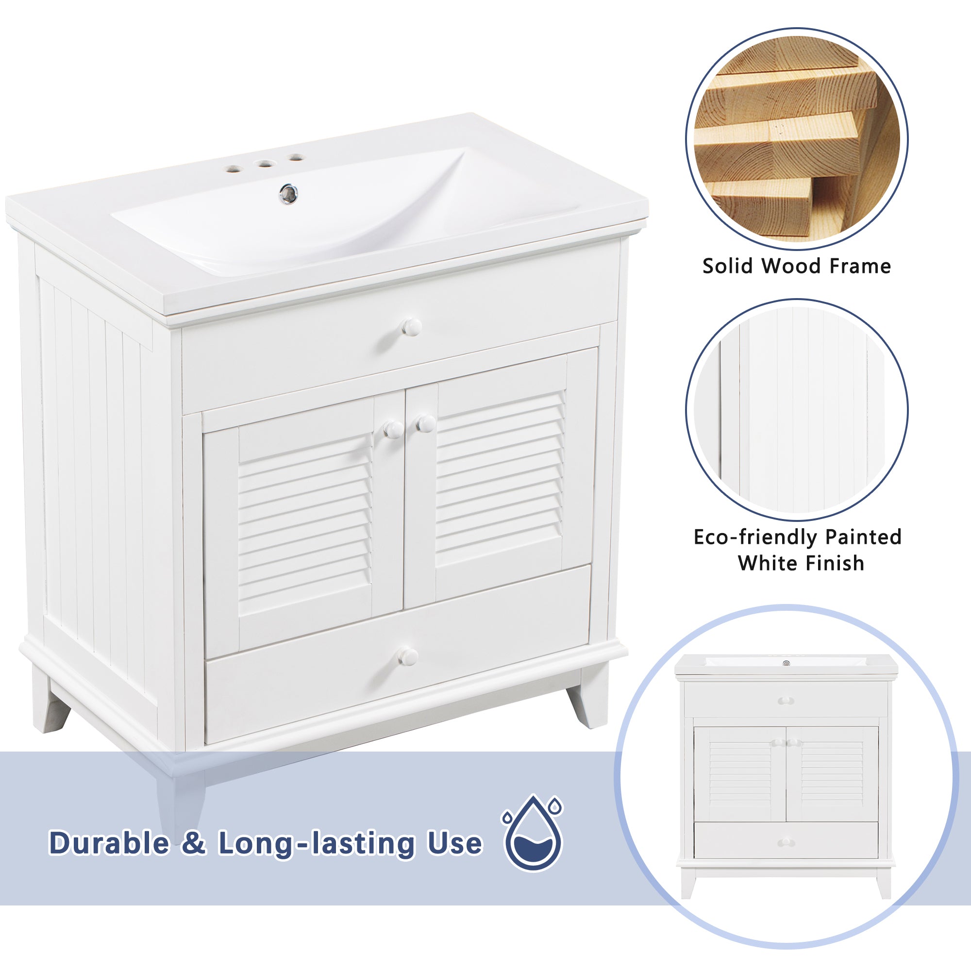 30" Bathroom Vanity with Sink, Bathroom Cabinet with Two Doors and One Drawer, White (OLD SKU: JL000005AAK)