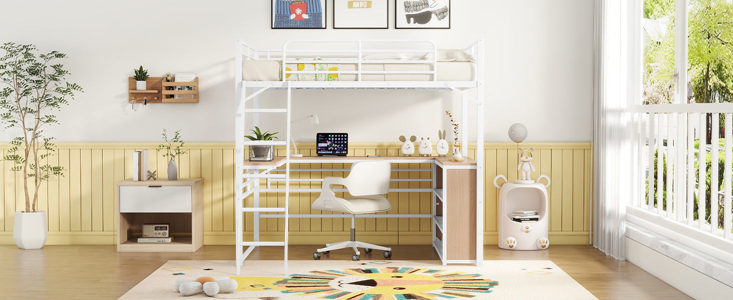 Full Size Metal Loft Bed with 3 Layers of Shelves and L-shaped Desk, White