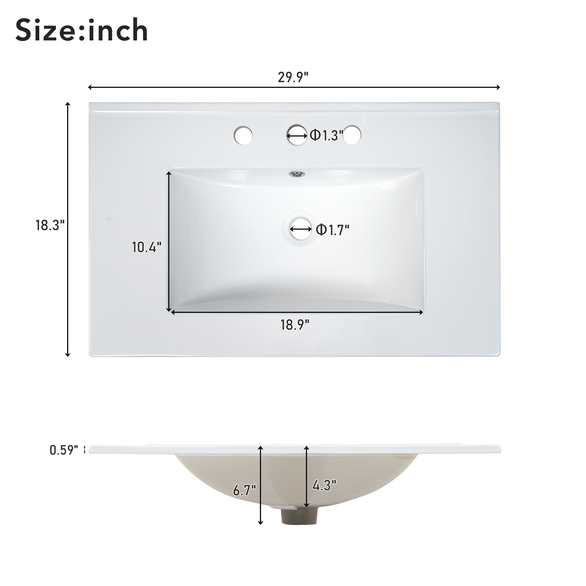 [Sink Only] 30x18" Rectangular 3 Hole Bathroom Ceramic Sink, Vanity Top Sink Only, Fits 8" Center Faucet, White (Faucet and cabinet not included)