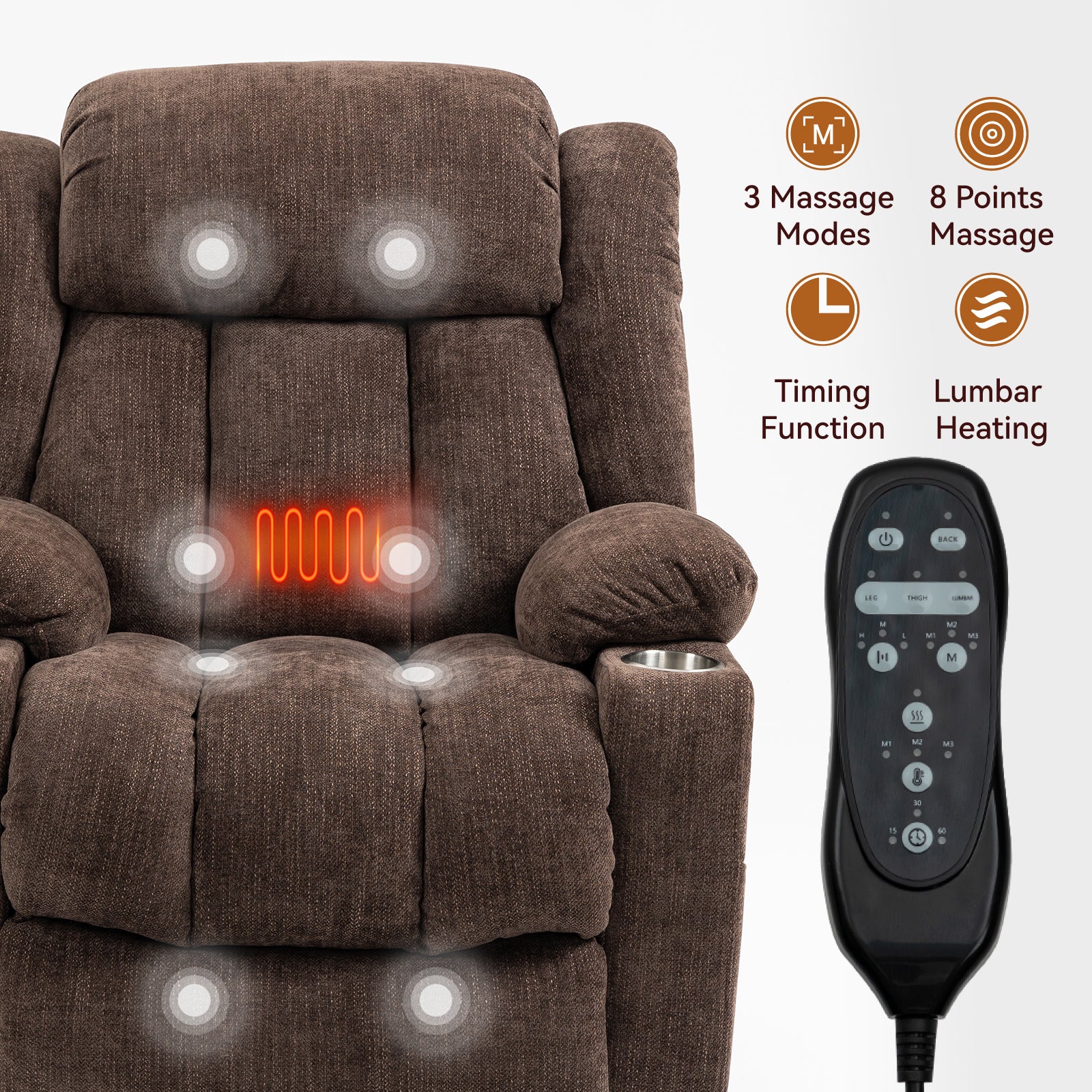 Up to 350 LBS Chenille Power Lift Recliner Chair, Heavy Duty Motion Mechanism with 8-Point Vibration Massage and Lumbar Heating, USB and Type-C Ports, Stainless Steel Cup Holders, Brown