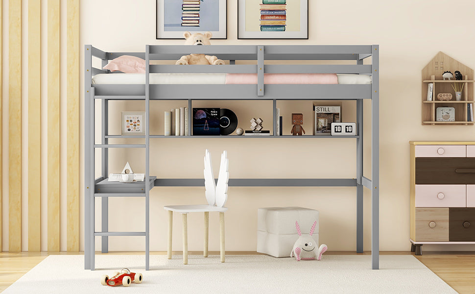 Twin Size Loft Bed with desk and shelves, Safety Guardrail and ladder,Grey