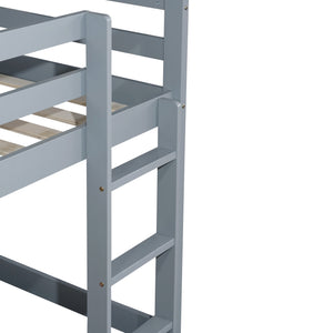 Twin over twin wood floor bunk bed with ladder, grey finish, front view