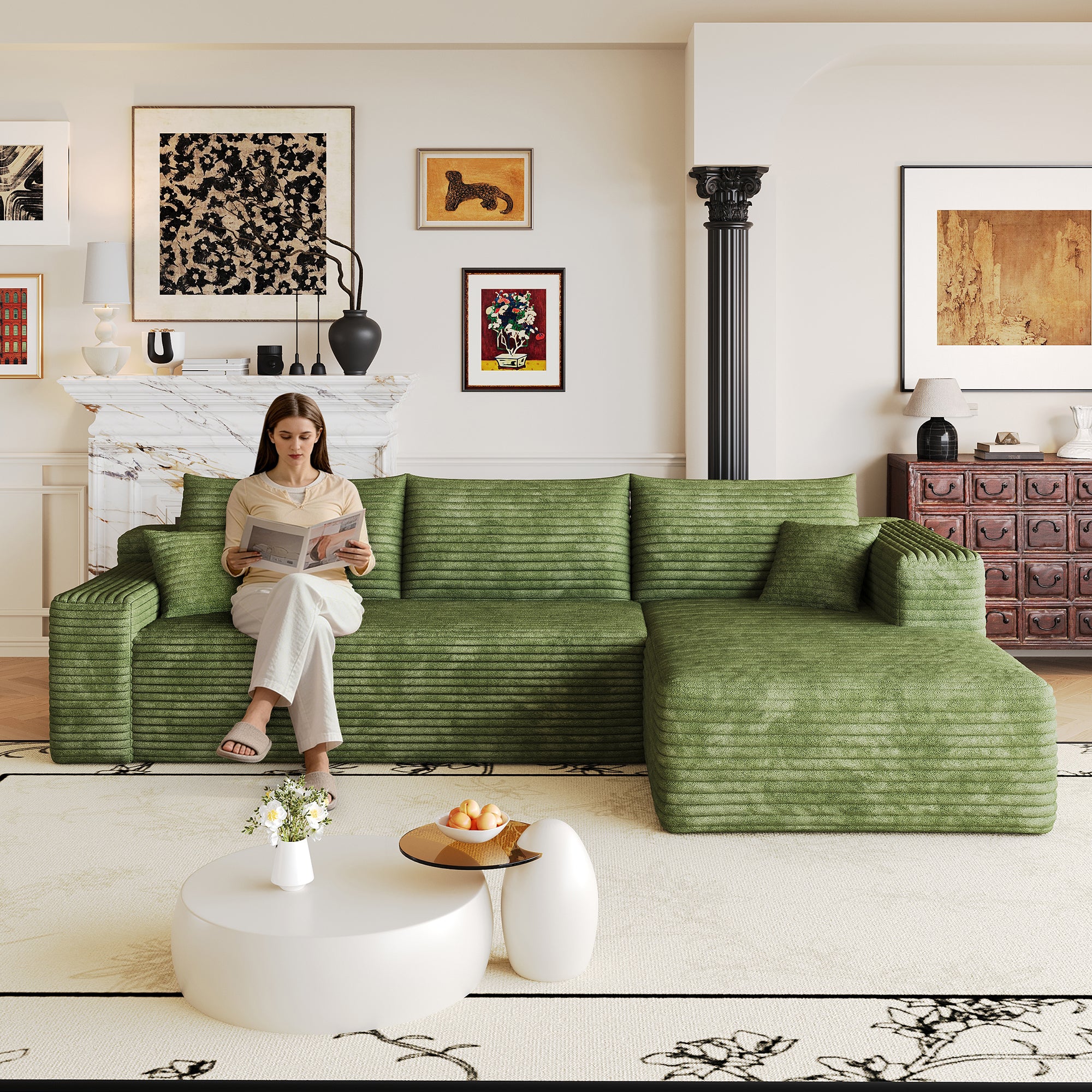 Green corduroy L-shaped sectional sofa, 103 inch, front view