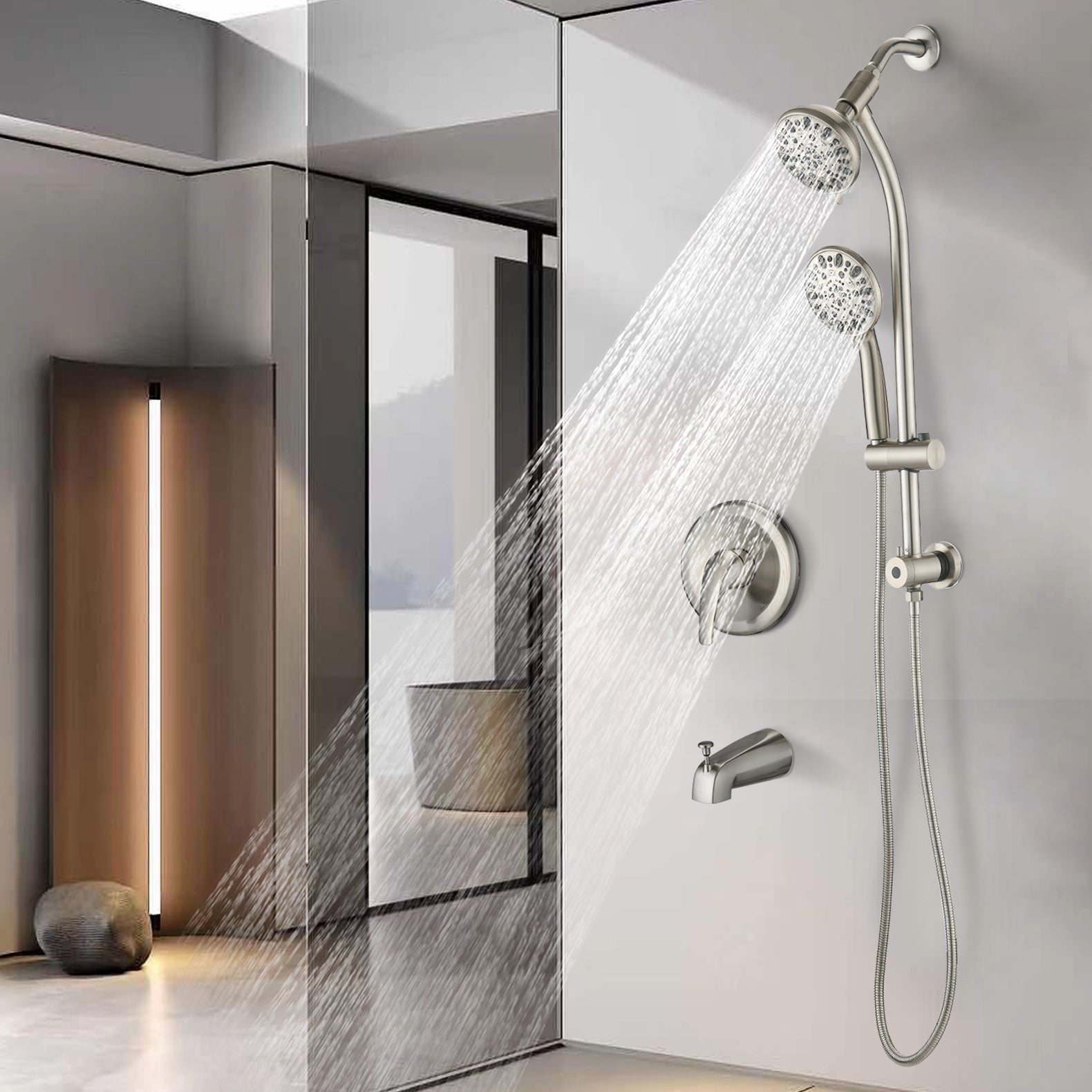 Drill-Free Stainless Steel Slide Bar Combo Rain Showerhead 7-Setting Hand, Dual Shower Head Spa System with Tup Spout (Rough-in Valve Included)