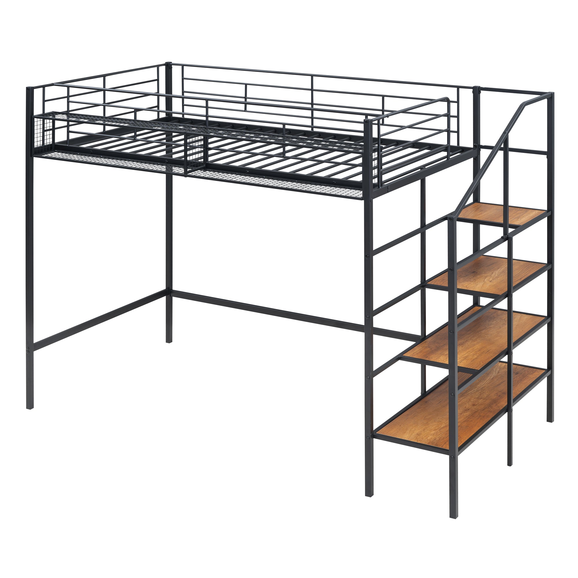 Twin Size Metal Loft Bed with Upper Grid Storage Shelf and Lateral Storage Ladder, Black