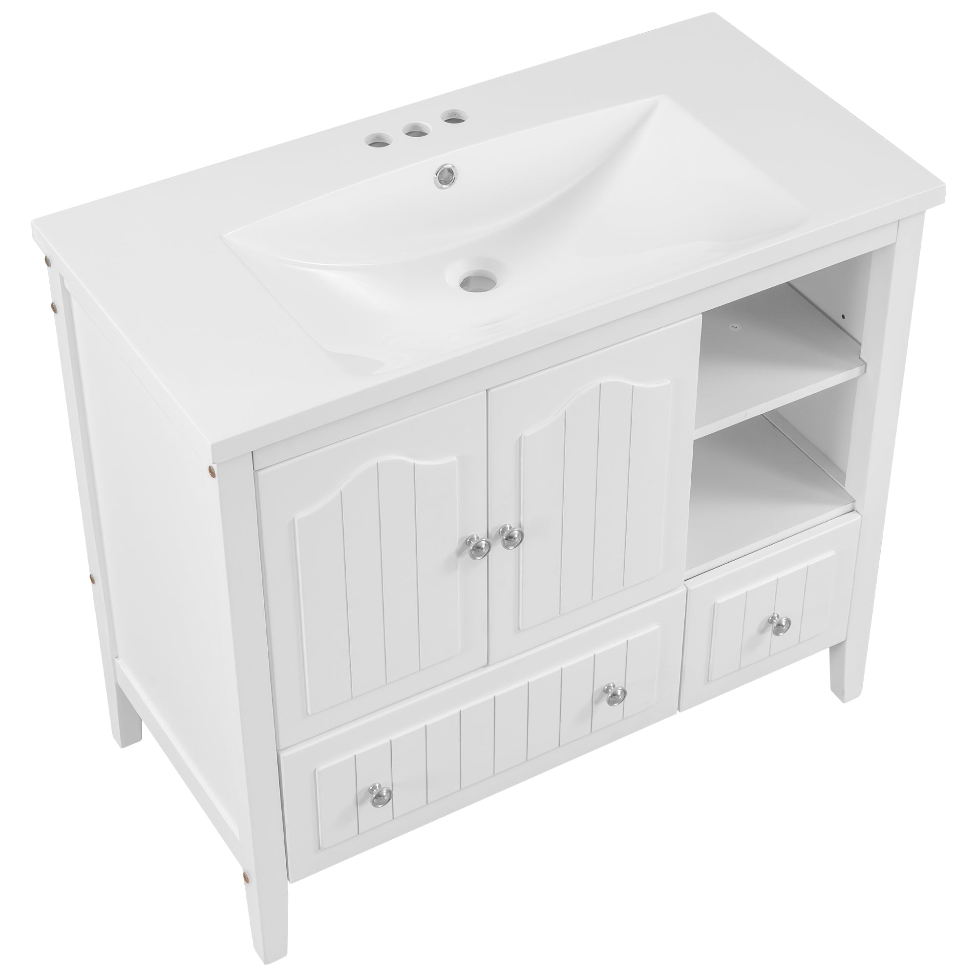 [VIDEO] 36" Bathroom Vanity with Ceramic Basin, Bathroom Storage Cabinet with Two Doors and Drawers, Solid Frame, Metal Handles, White