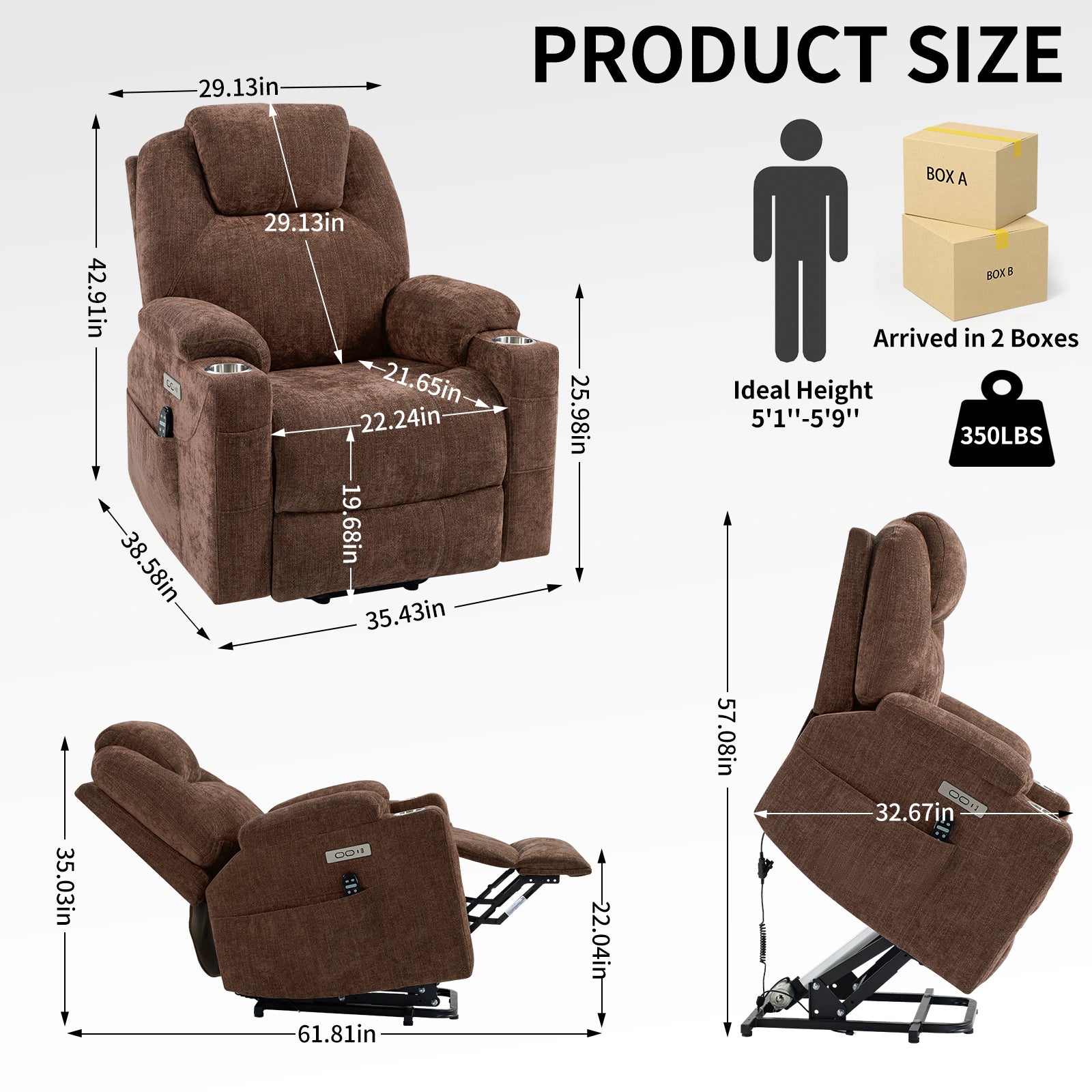 Up to 350 LBS Chenille Power Lift Recliner Chair, Heavy Duty Motion Mechanism with 8-Point Vibration Massage and Lumbar Heating, USB and Type-C Ports, Stainless Steel Cup Holders, Brown