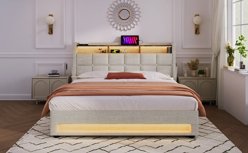 Queen size Upholstered Platform bed with a Hydraulic Storage System, LED and USB Charging, Natural (without mattress)