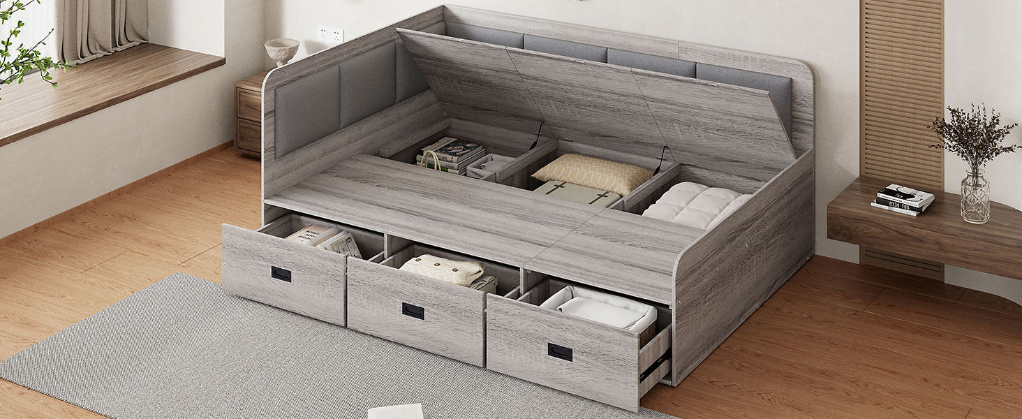 Full Size Daybed with Three Drawers and Three Storage Compartments, Gray