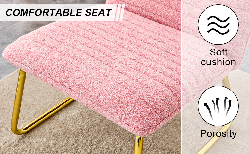 Modern minimalist pink plush fabric single person sofa chair with golden metal legs. Suitable for living room, bedroom, club, comfortable cushioned single person leisure sofa