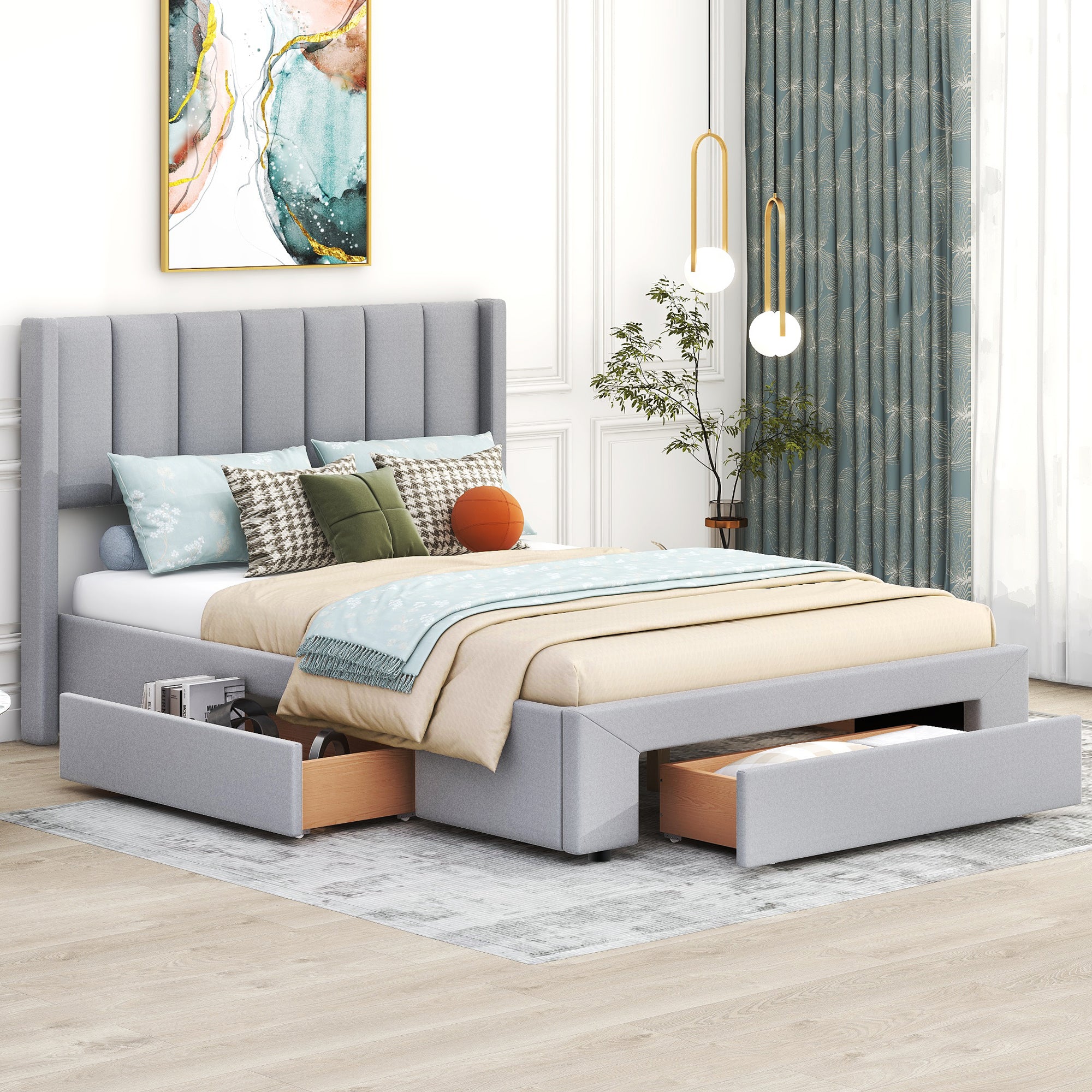 Queen Size Upholstered Platform Bed with One Large Drawer in the Footboard and Drawer on Each Side,Gray