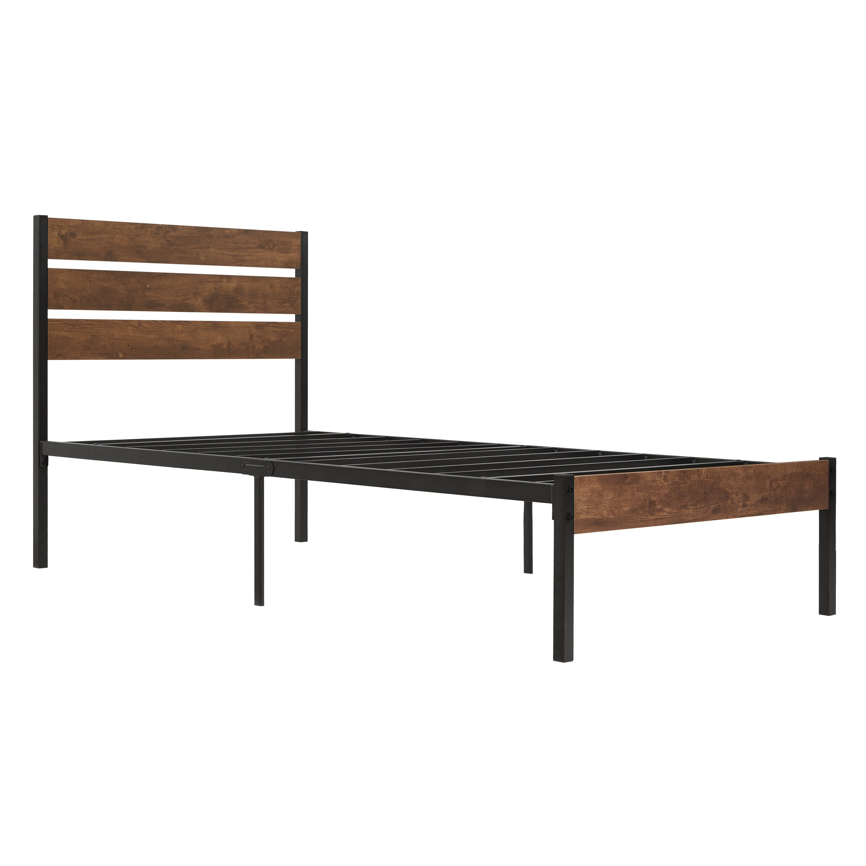 Twin Size Bed Frame with Wood Headboard, Metal Frame with Strong Slats, Noise Free,No Box Spring Needed-Brown